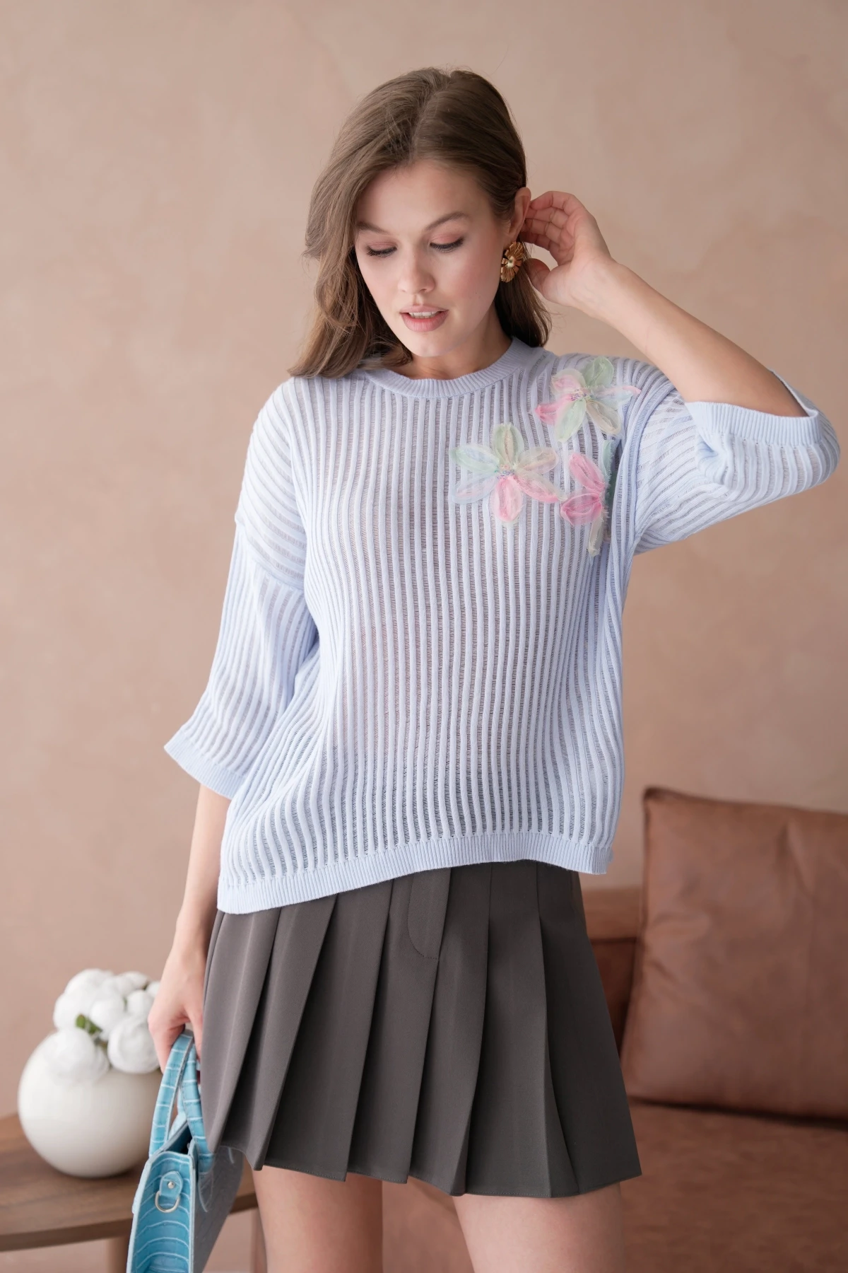 Bisiklet Yaka Aplikeli Ajurlu Salaş Triko Bluz