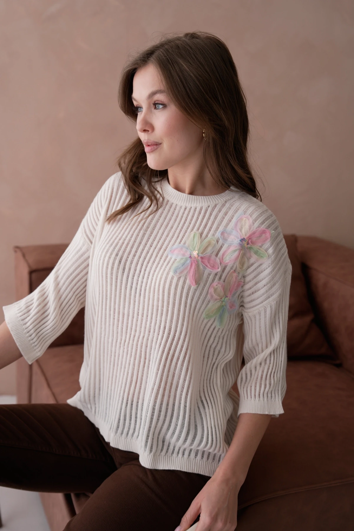 Bisiklet Yaka Aplikeli Ajurlu Salaş Triko Bluz