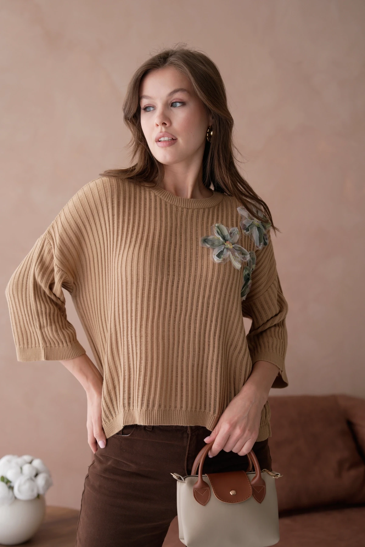 Bisiklet Yaka Aplikeli Ajurlu Salaş Triko Bluz