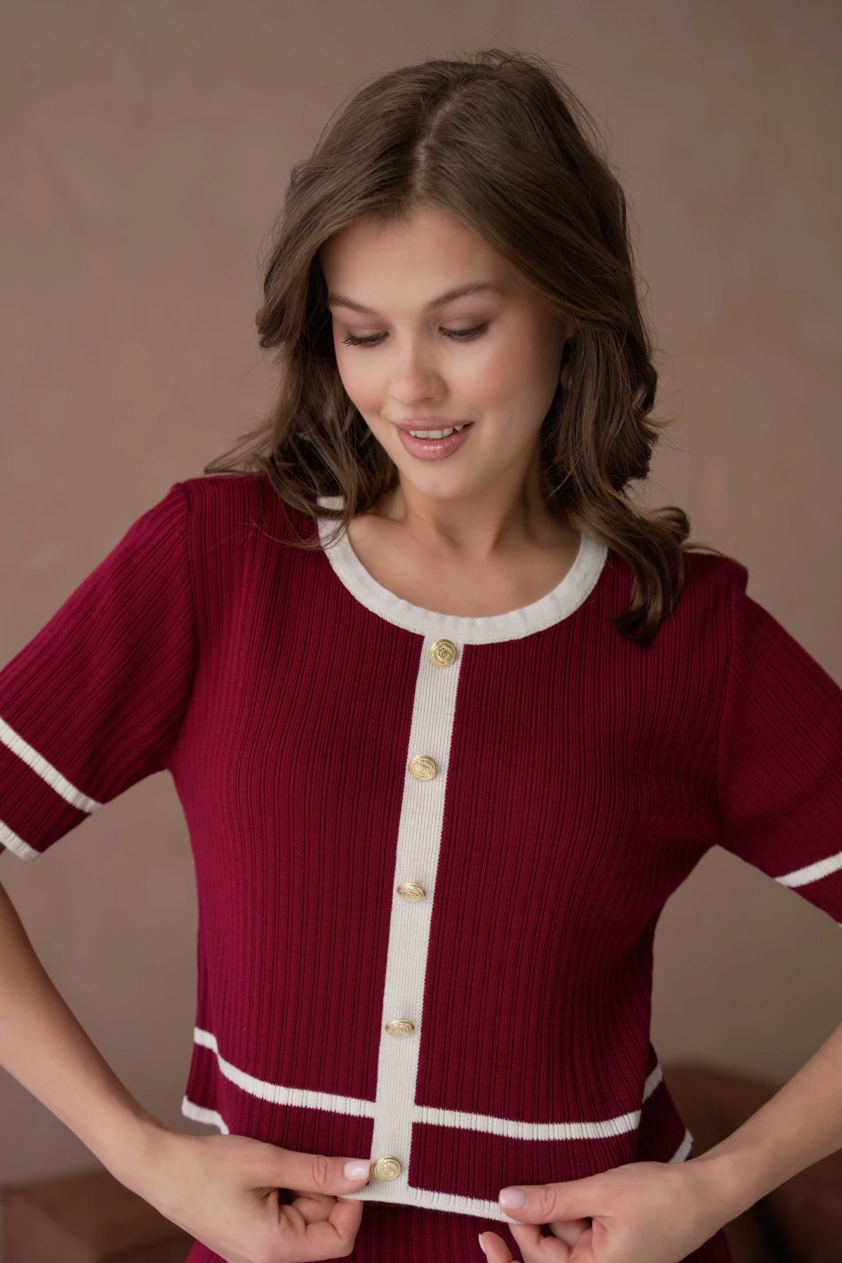 Bisiklet Yaka Düğme Detaylı Etek Bel Lastikli Bluz Etek İkili Triko Takım