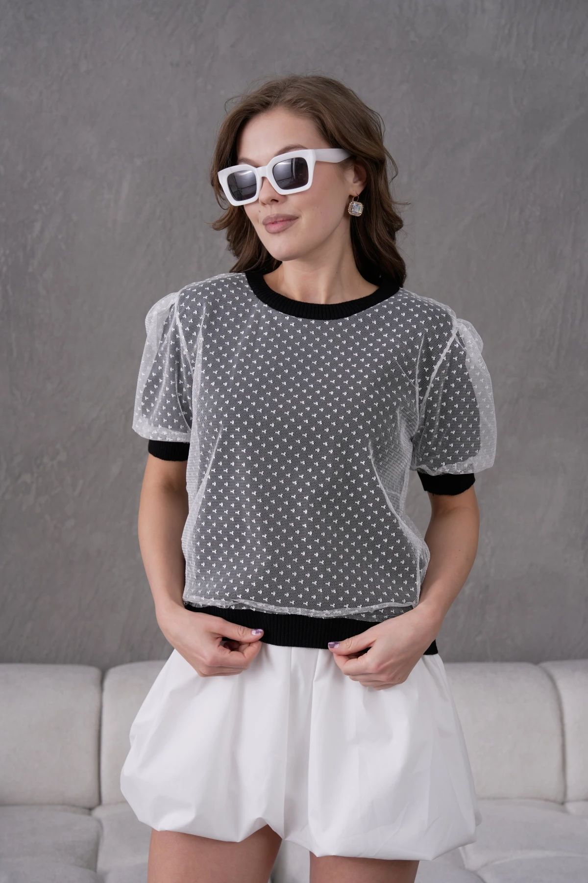 Bisiklet Yaka Full Beden Tül Detaylı Triko Bluz