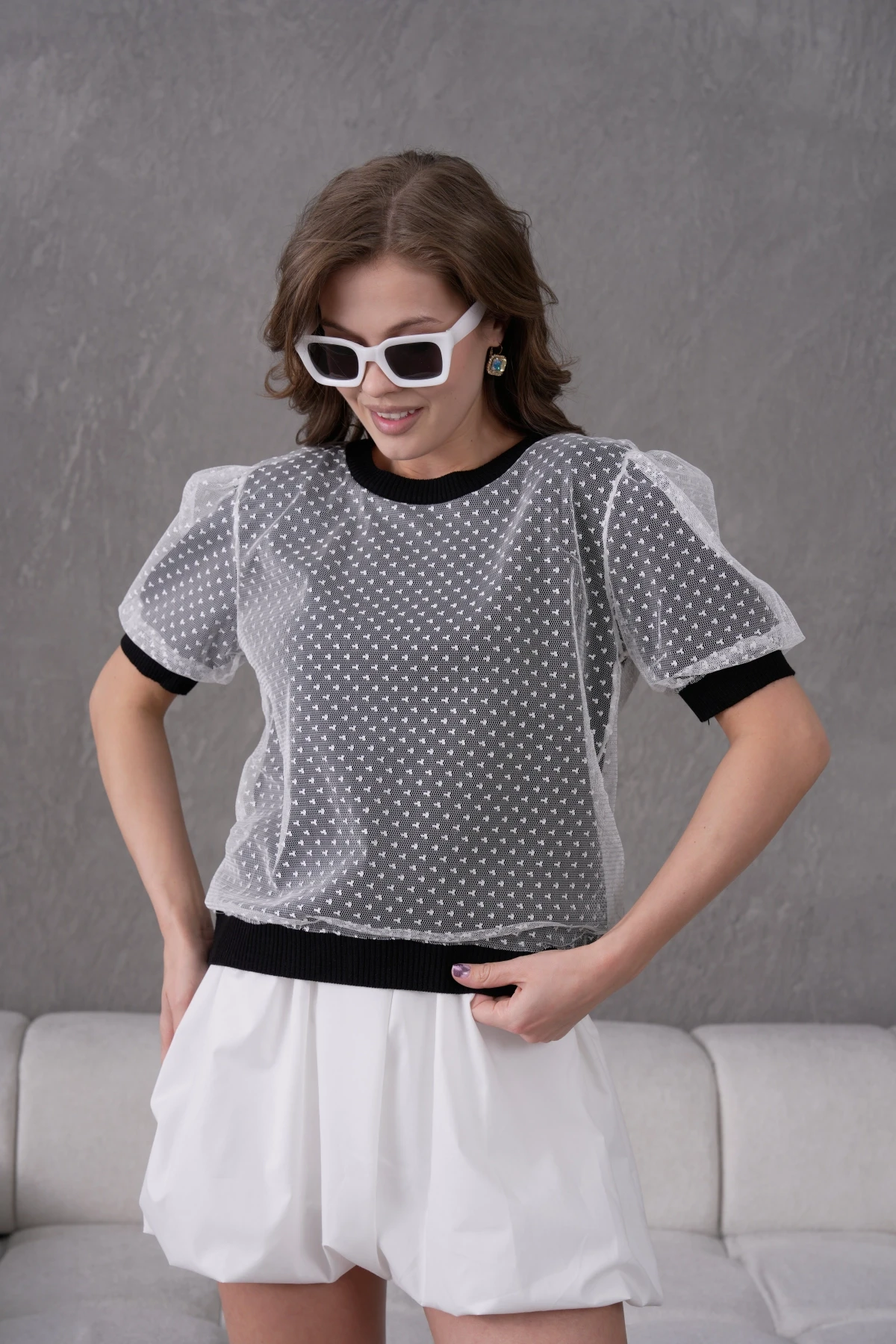 Bisiklet Yaka Full Beden Tül Detaylı Triko Bluz