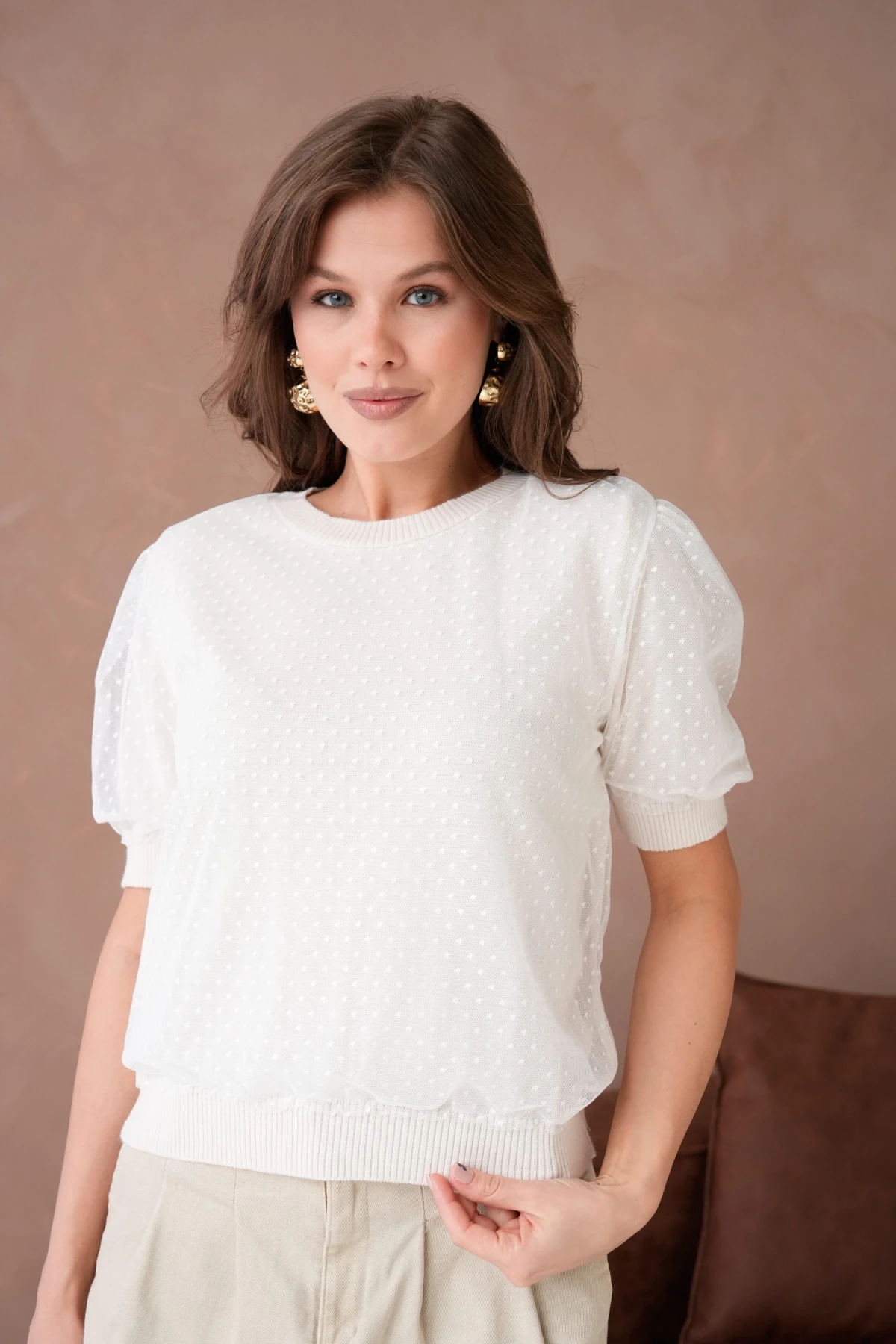 Bisiklet Yaka Full Beden Tül Detaylı Triko Bluz