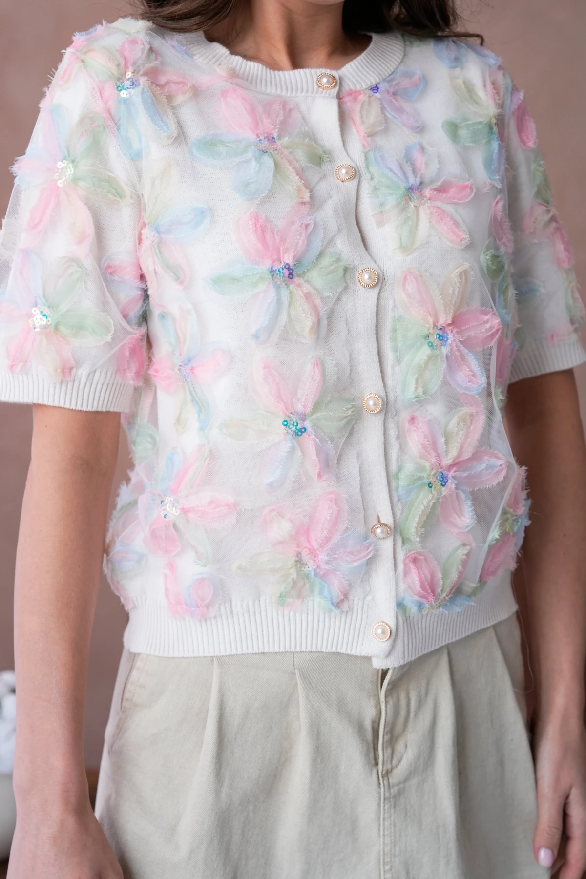 Bisiklet Yaka Tül Detaylı Düğmeli Triko Kazak