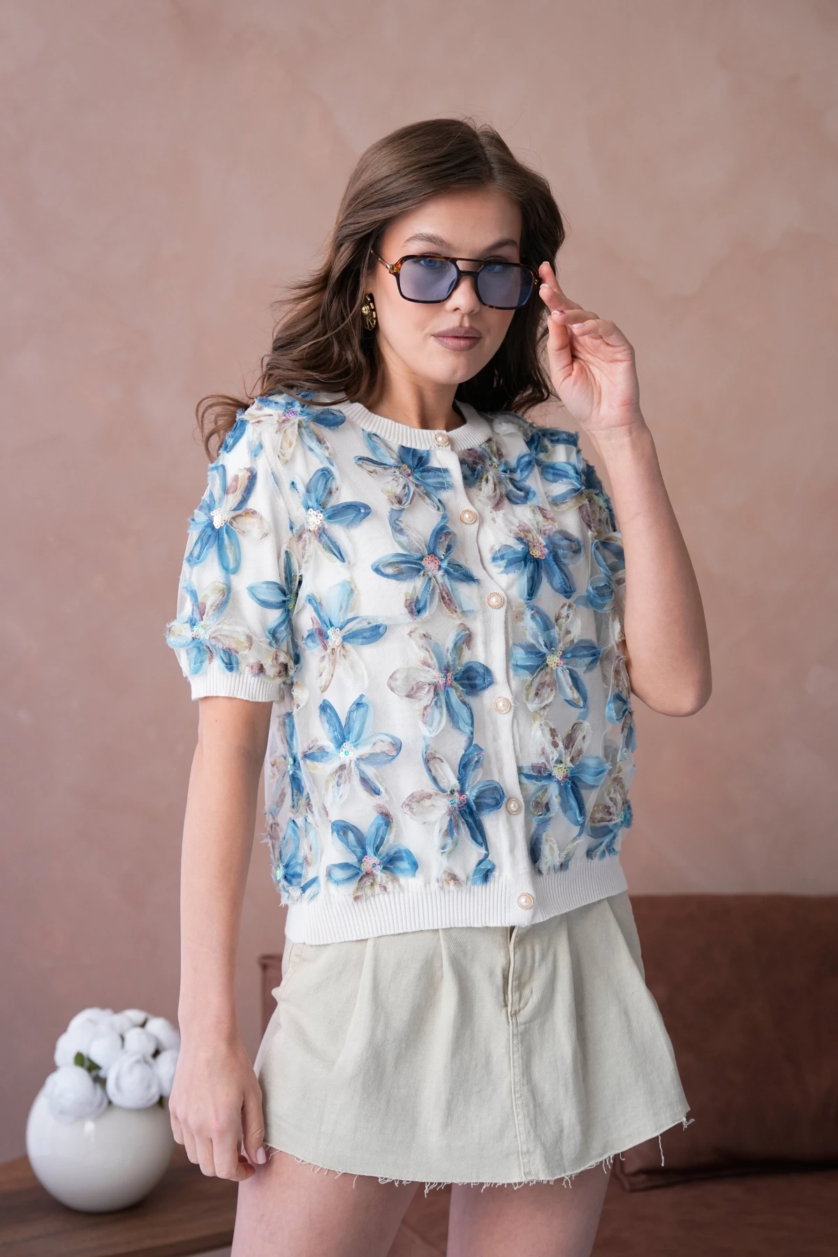 Bisiklet Yaka Tül Detaylı Düğmeli Triko Kazak