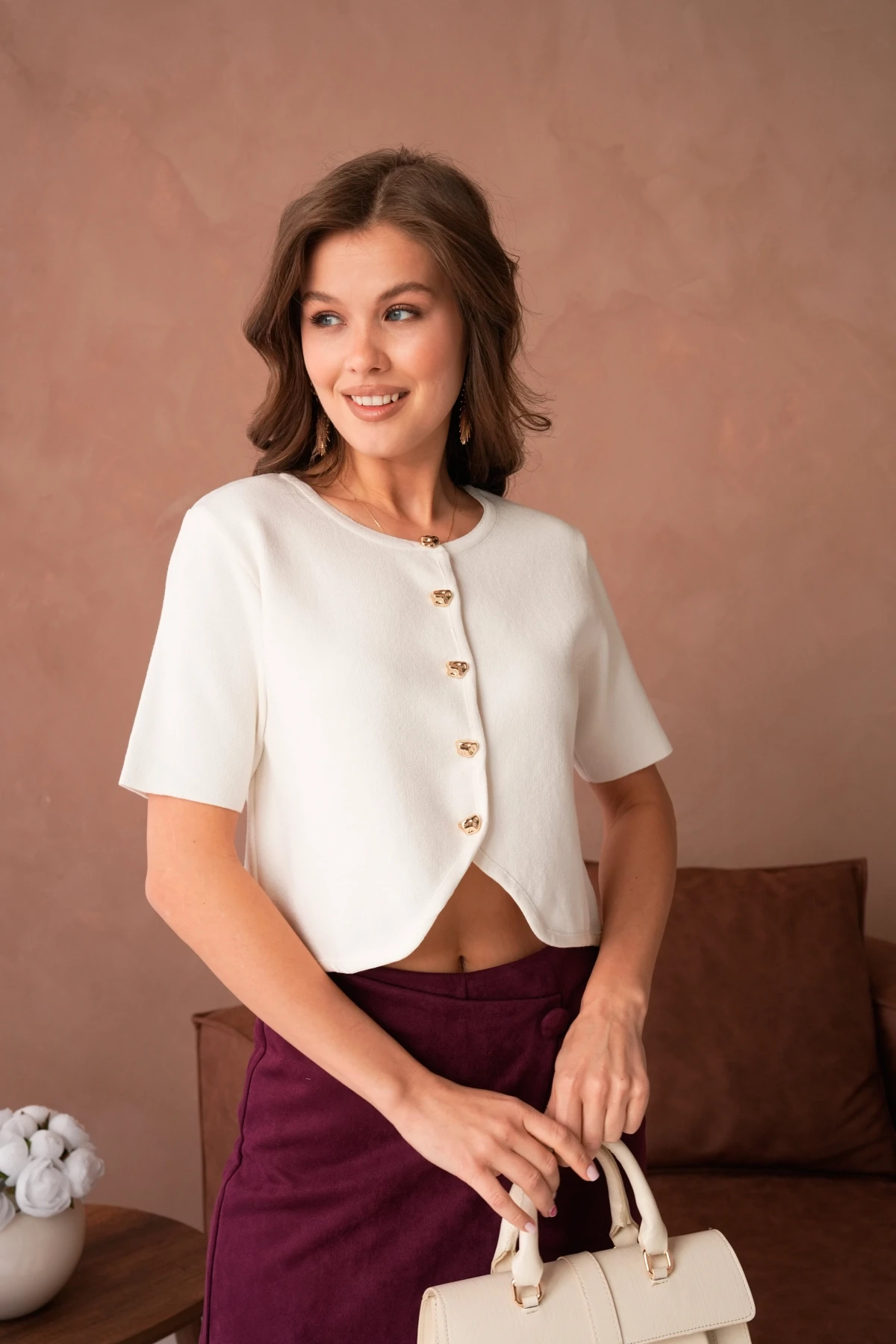 Bisiklet Yaka Düğme Detaylı Kısa Triko Ceket