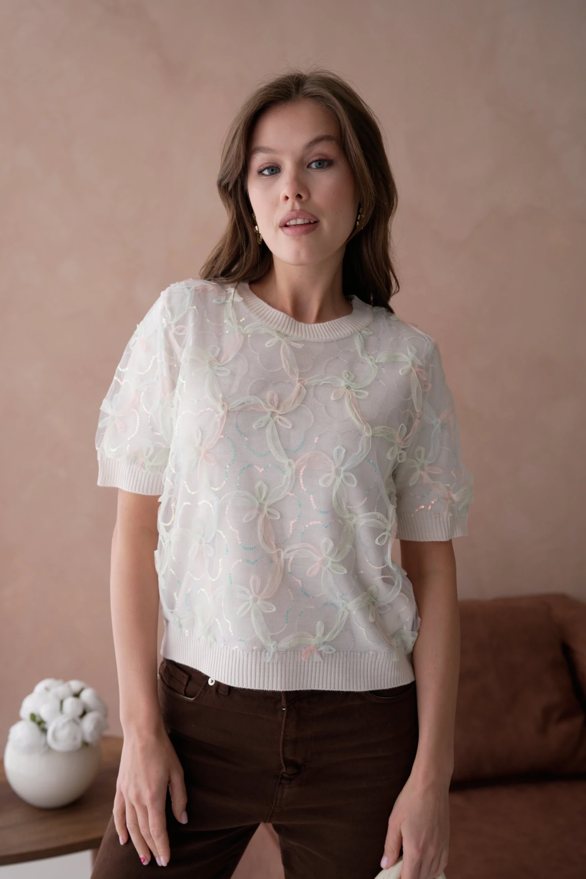 Bisiklet Yaka Tül Detaylı Triko Kazak