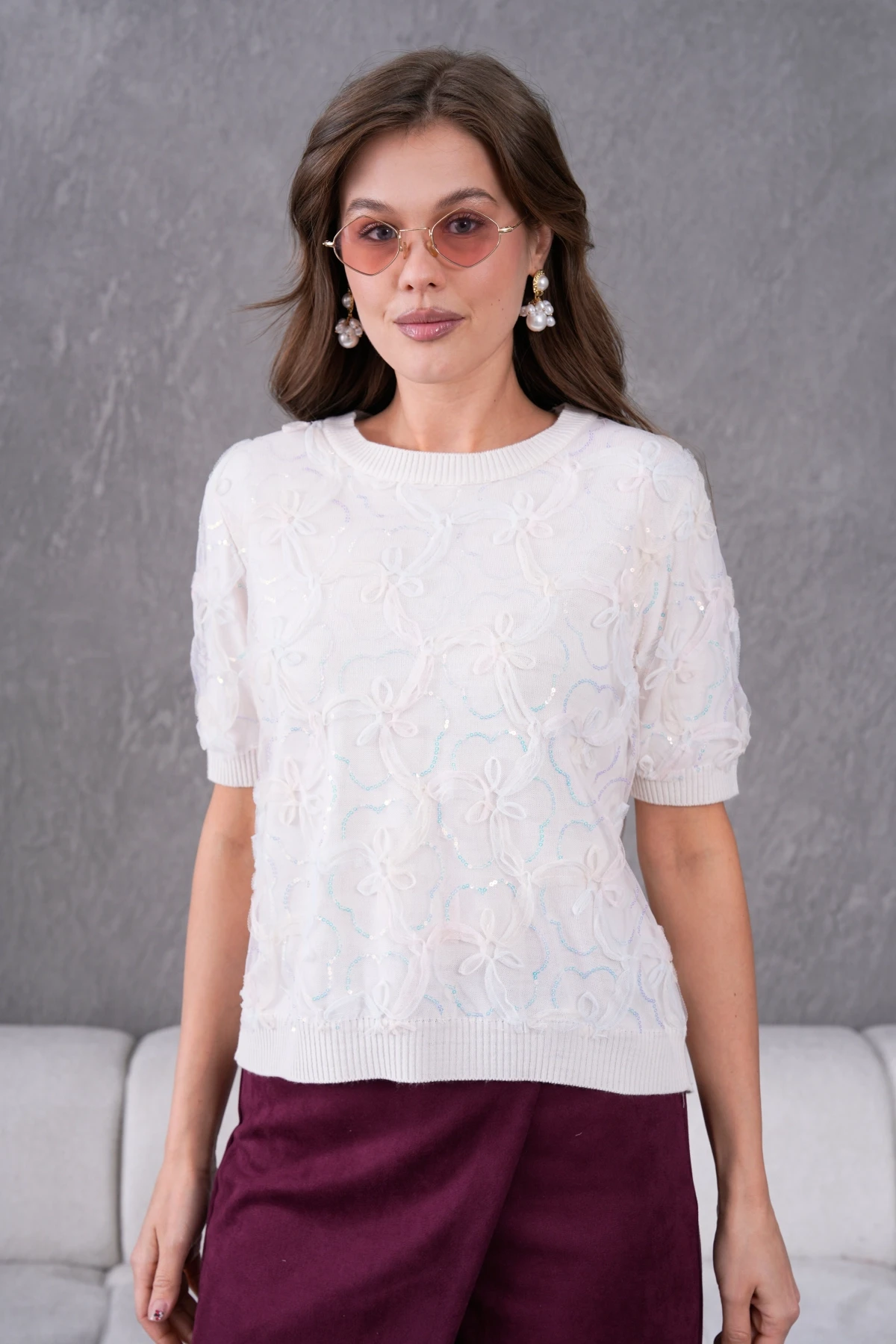 Bisiklet Yaka Tül Detaylı Triko Kazak