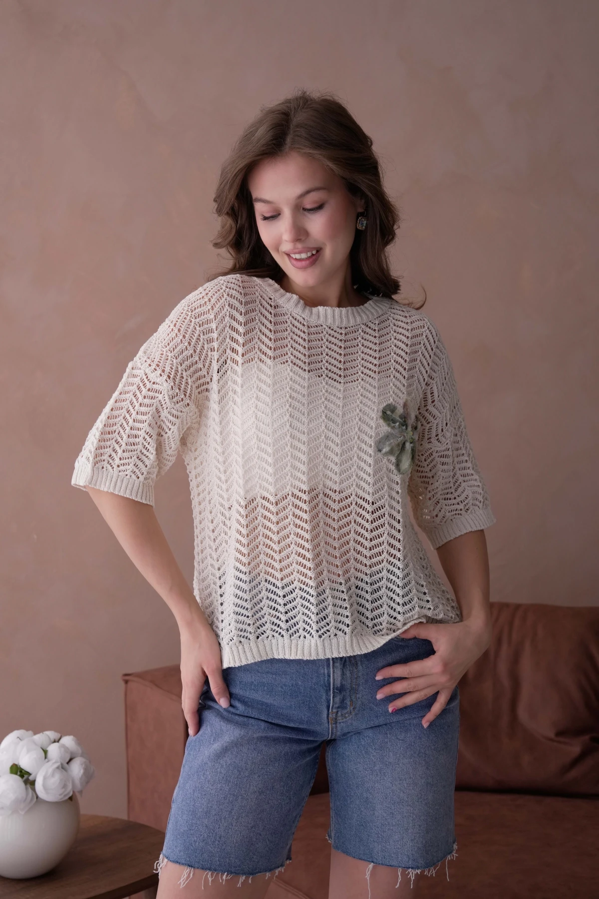 Bisiklet Yaka Aplikeli Ajurlu Salaş Triko Bluz