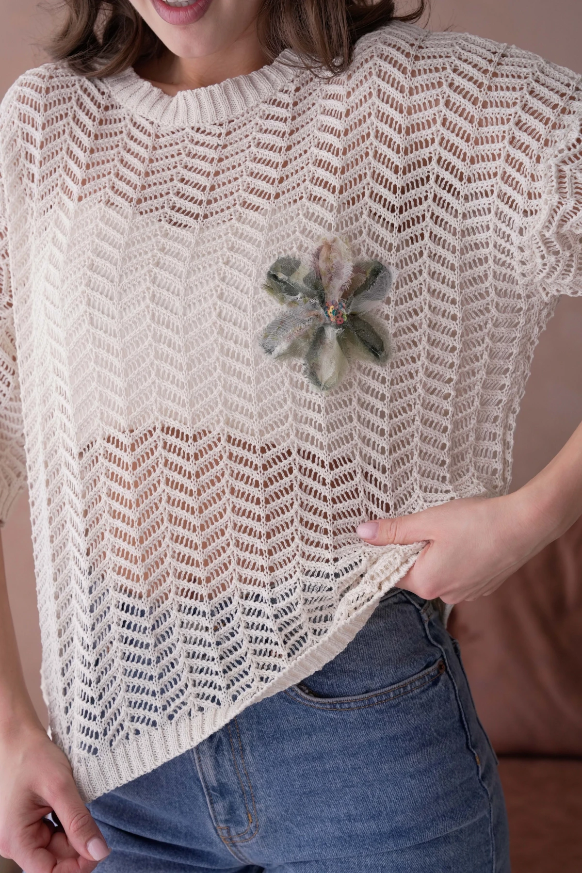 Bisiklet Yaka Aplikeli Ajurlu Salaş Triko Bluz