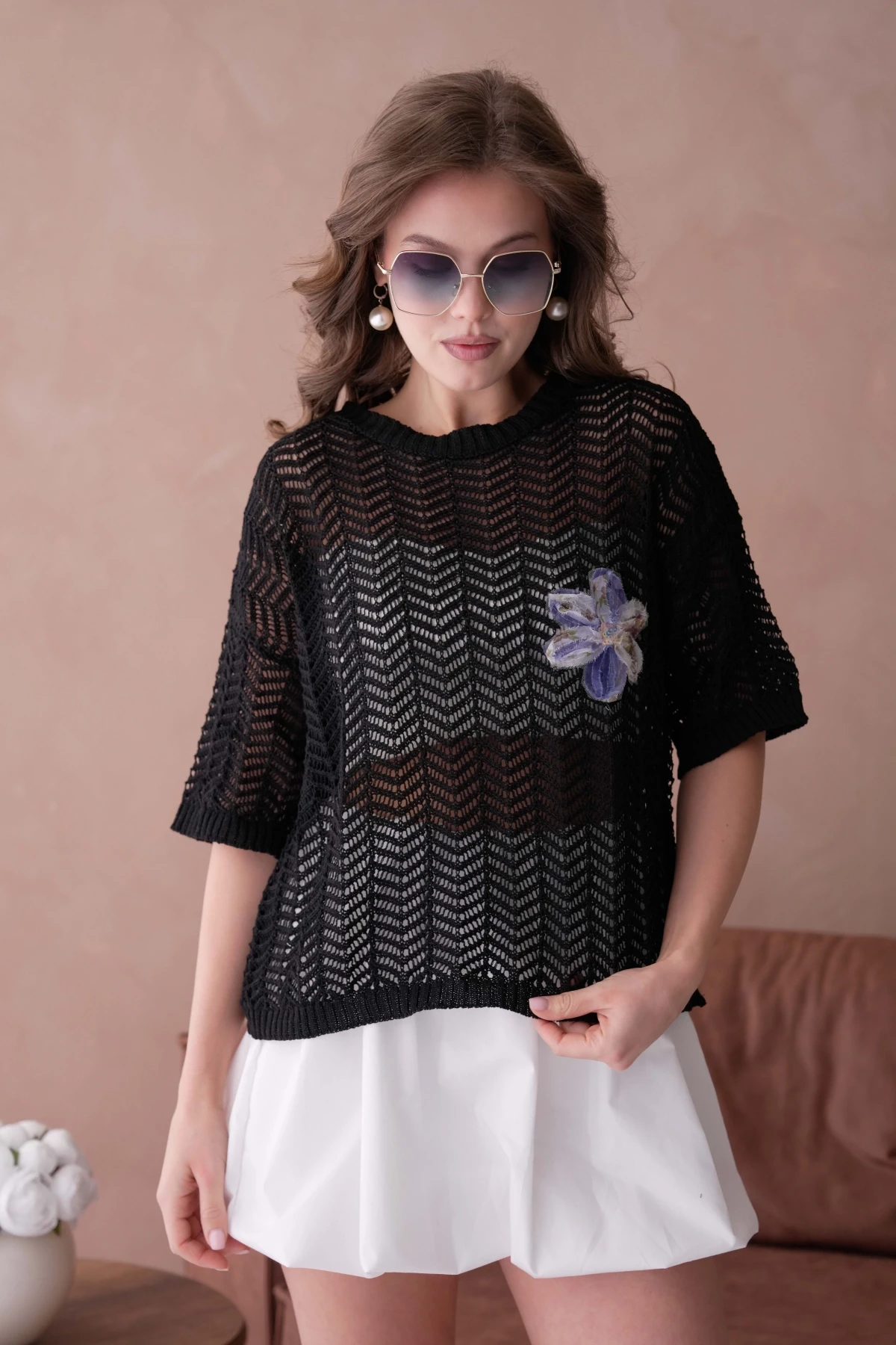 Bisiklet Yaka Aplikeli Ajurlu Salaş Triko Bluz