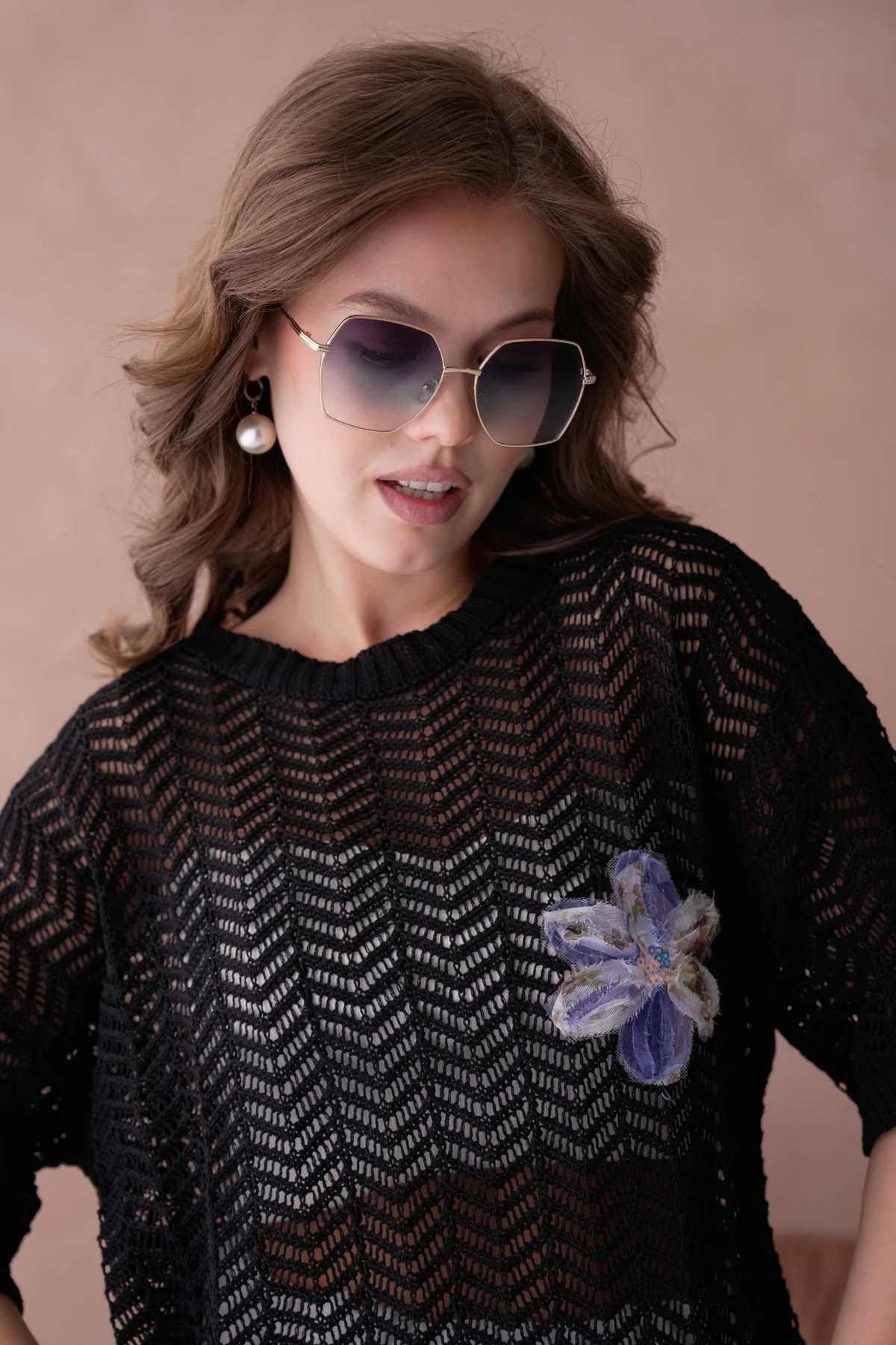 Bisiklet Yaka Aplikeli Ajurlu Salaş Triko Bluz