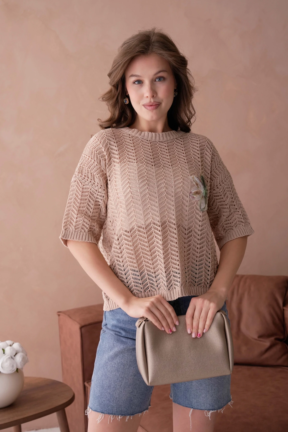 Bisiklet Yaka Aplikeli Ajurlu Salaş Triko Bluz