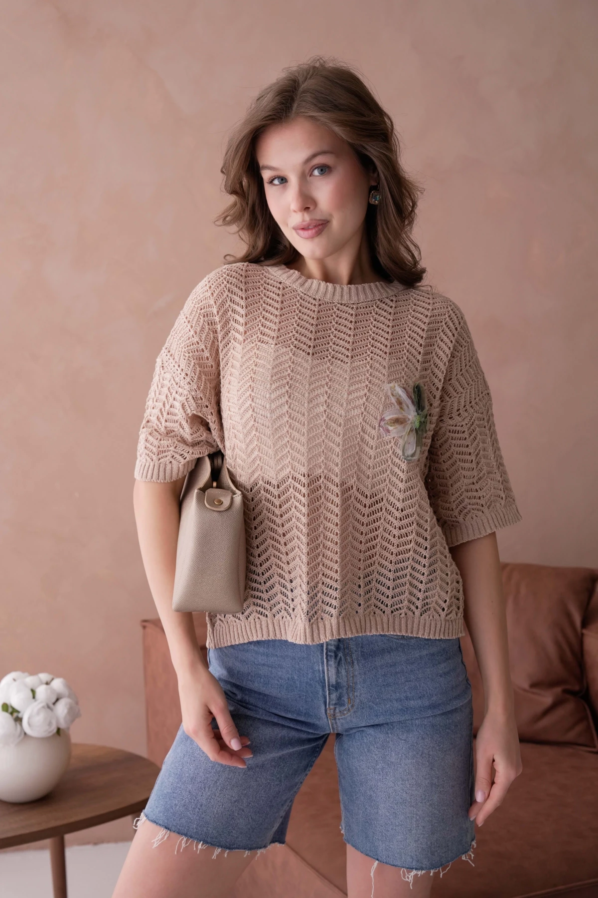 Bisiklet Yaka Aplikeli Ajurlu Salaş Triko Bluz