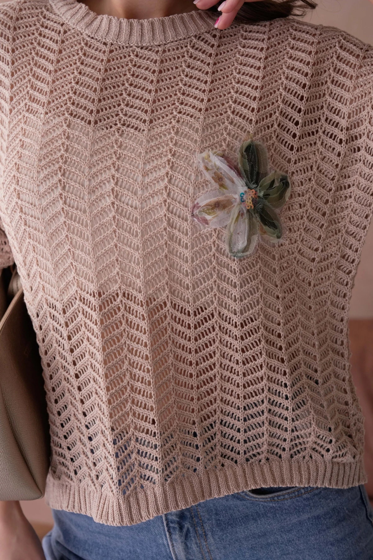 Bisiklet Yaka Aplikeli Ajurlu Salaş Triko Bluz