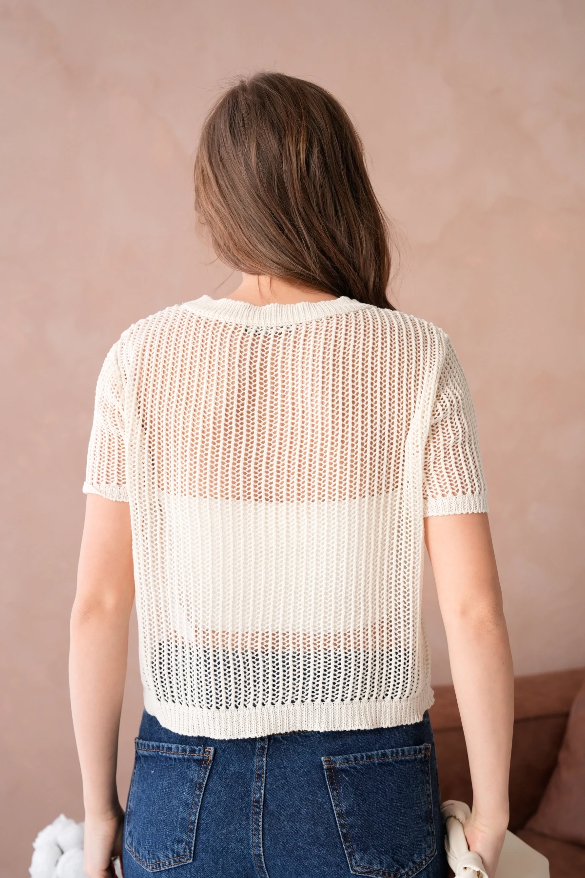 Bisiklet Yaka Aksesuarlı Ajurlu Triko Bluz