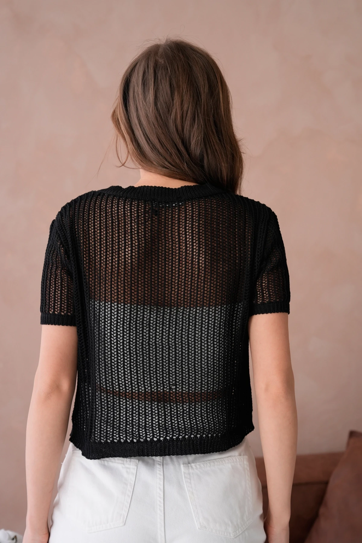 Bisiklet Yaka Aksesuarlı Ajurlu Triko Bluz