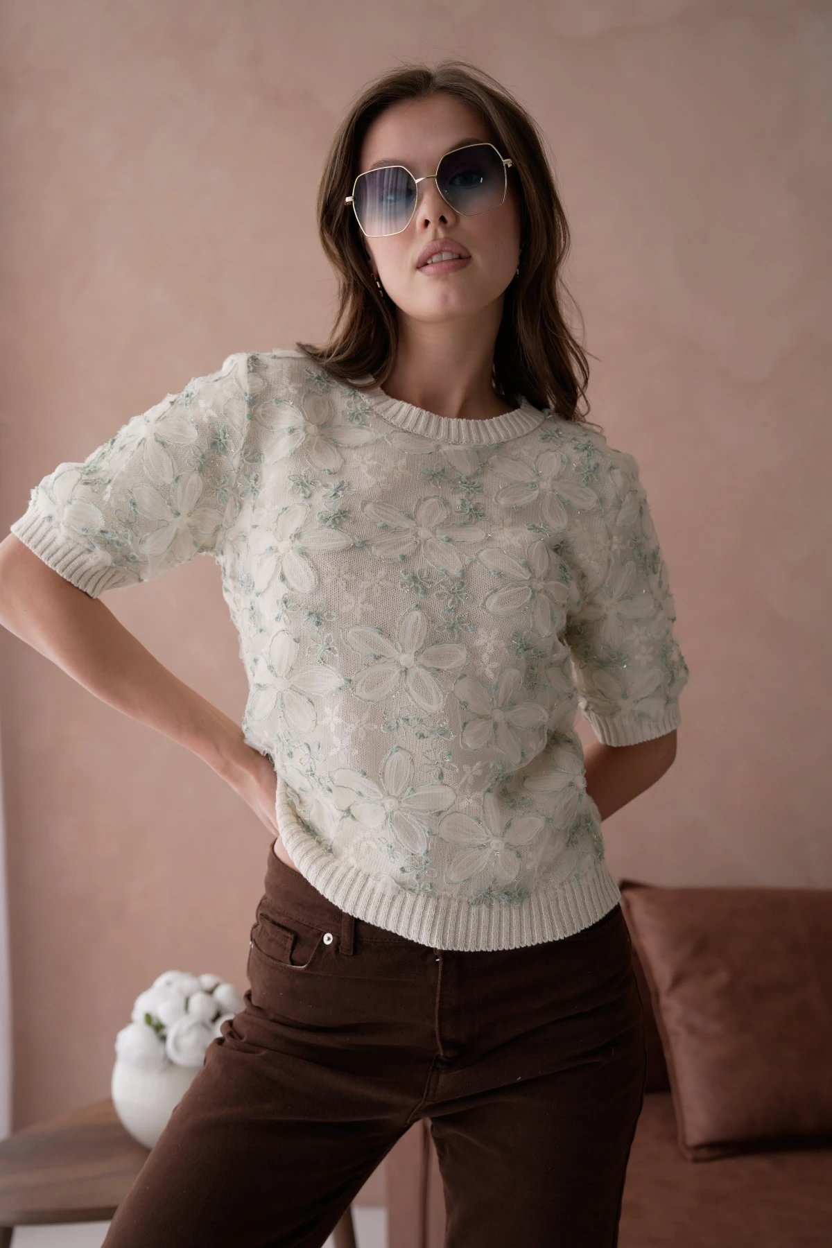 Bisiklet Yaka Tül Detaylı Triko Kazak