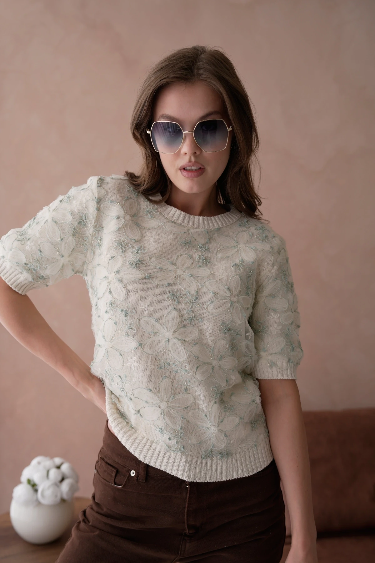 Bisiklet Yaka Tül Detaylı Triko Kazak