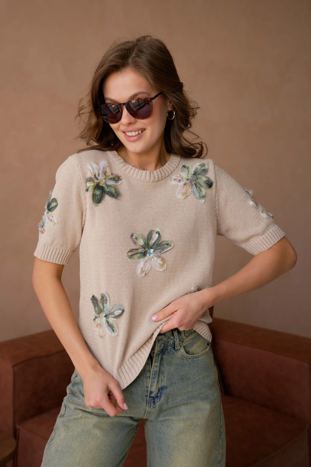 Bisiklet Yaka  Aplikeli Triko Kazak