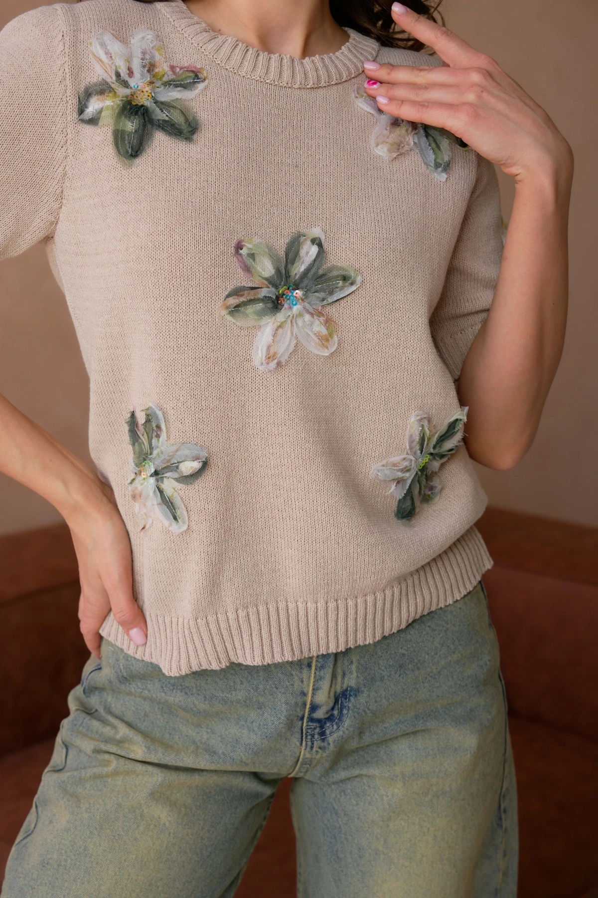 Bisiklet Yaka  Aplikeli Triko Kazak