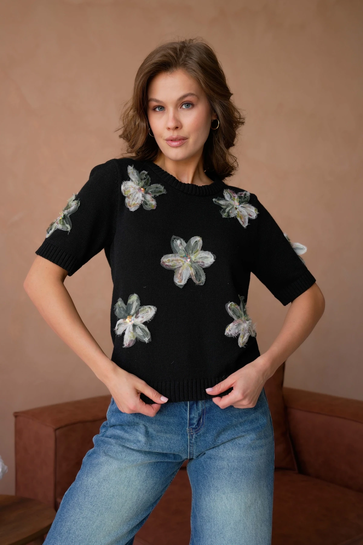 Bisiklet Yaka  Aplikeli Triko Kazak