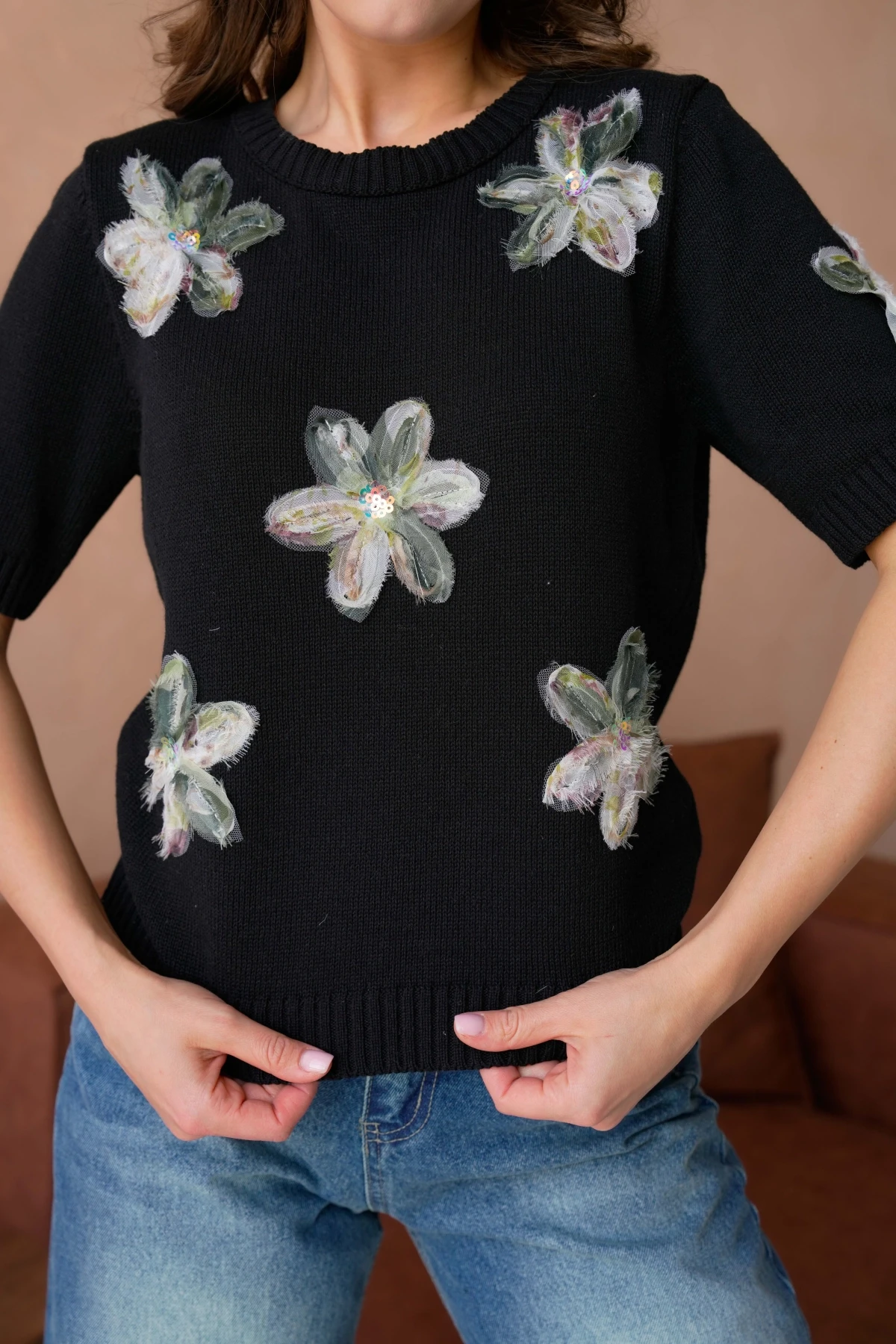 Bisiklet Yaka  Aplikeli Triko Kazak