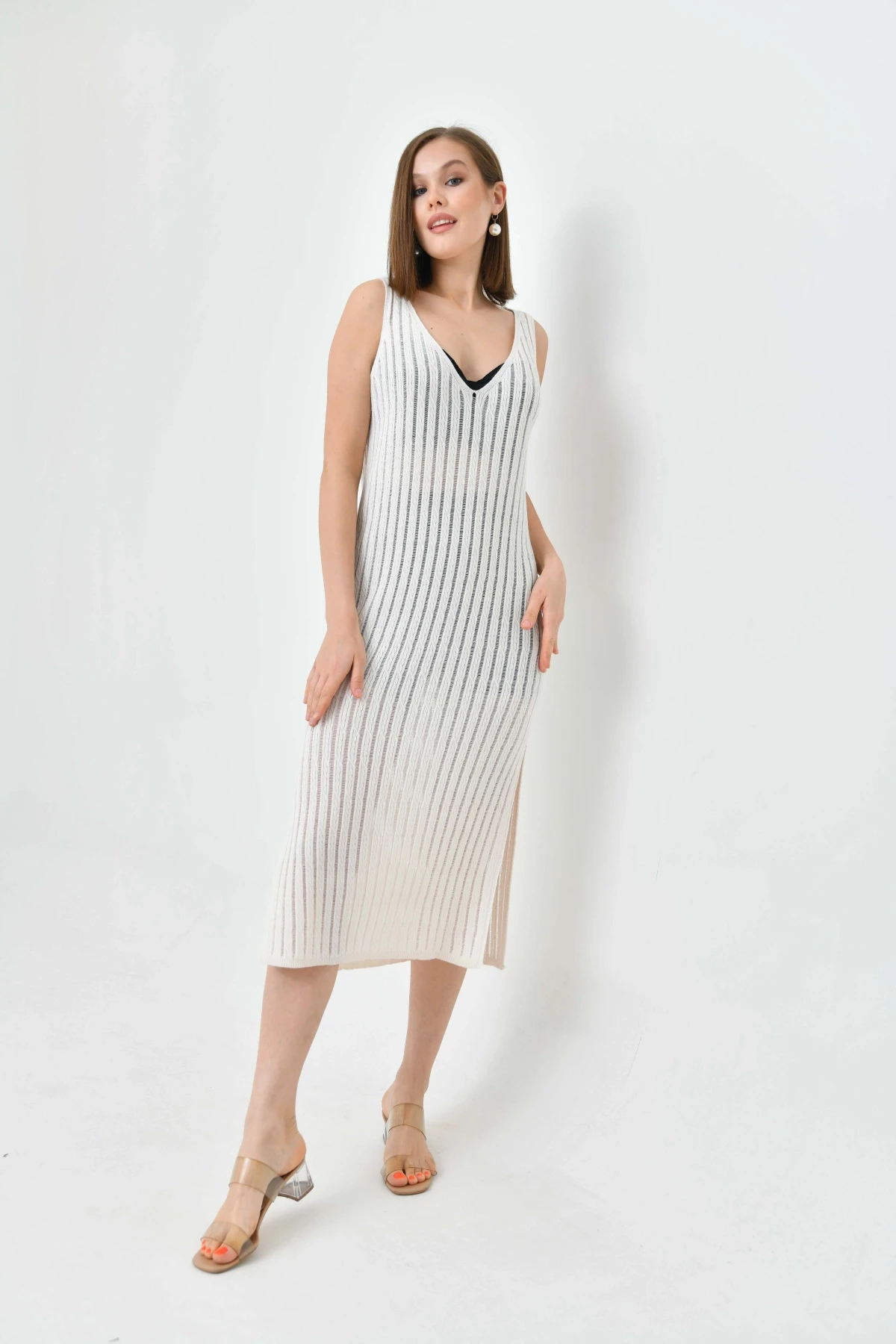 Kadın Askılı Örgü Detay Midi Yırtmaçlı Triko Elbise