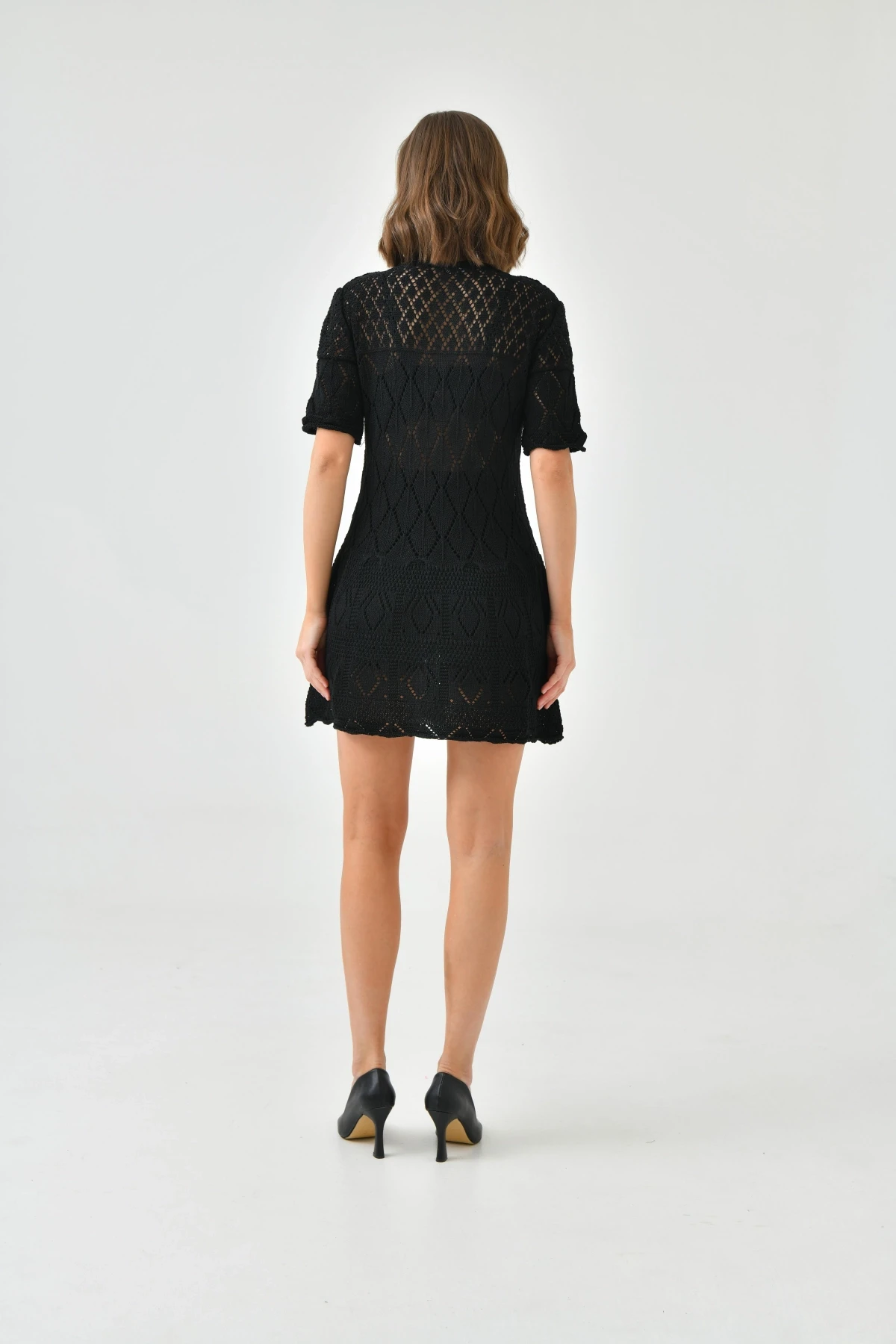 Bağlama Yakalı Ajurlu Kısa Kol Triko Elbise