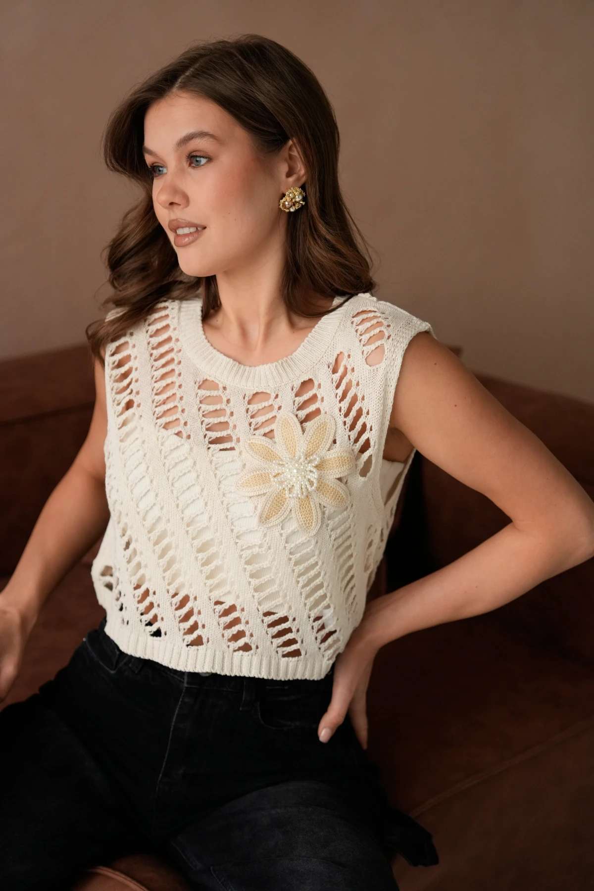 Kadın Bisiklet Yaka Ajurlu Kolsuz Triko Bluz