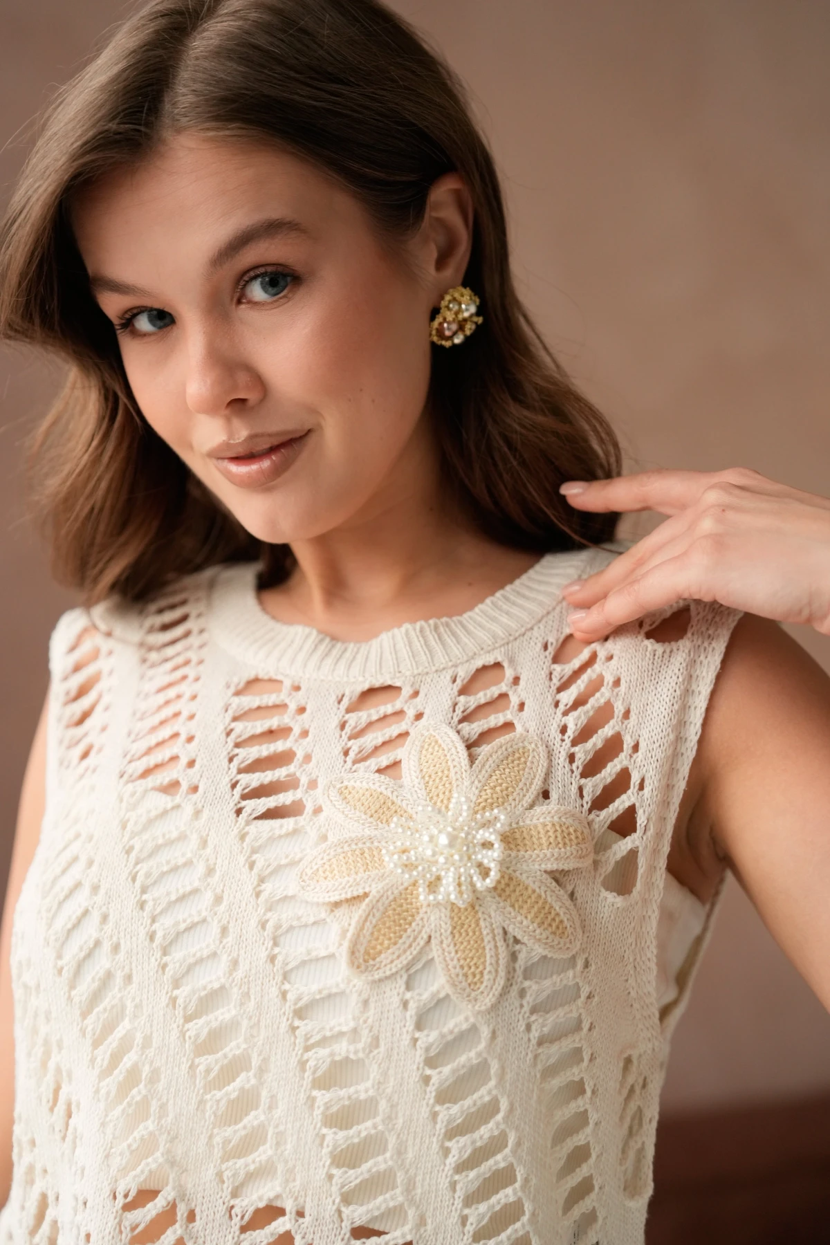 Kadın Bisiklet Yaka Ajurlu Kolsuz Triko Bluz