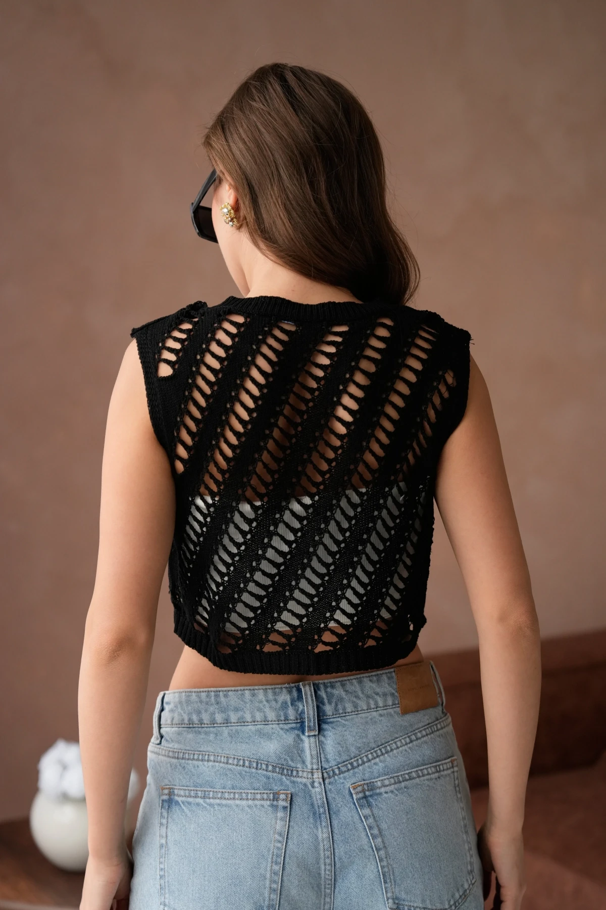 Kadın Bisiklet Yaka Ajurlu Kolsuz Triko Bluz