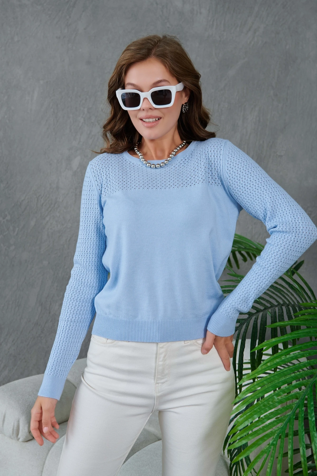 Bisiklet Yaka Ajurlu Uzun Kol Triko Kazak