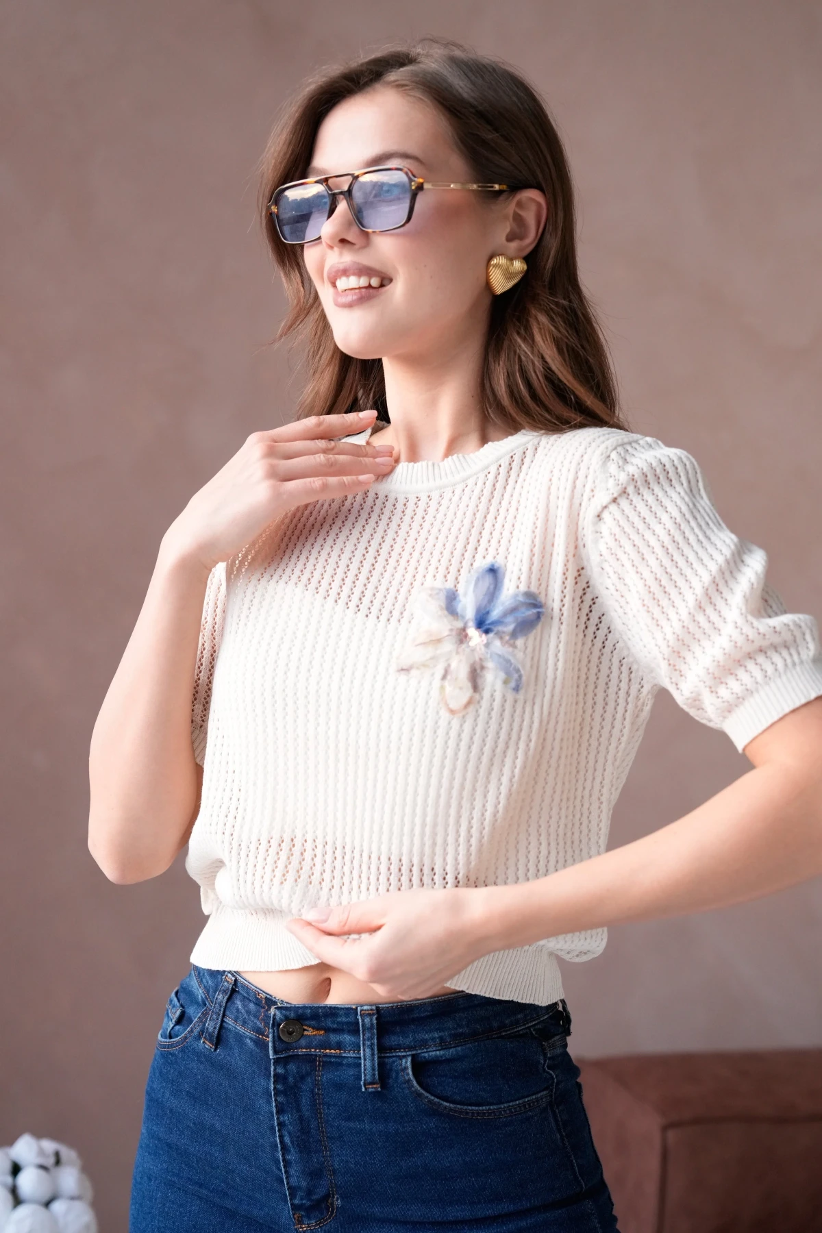 Kadın Bisiklet Yaka Çiçek Detaylı Triko Kazak