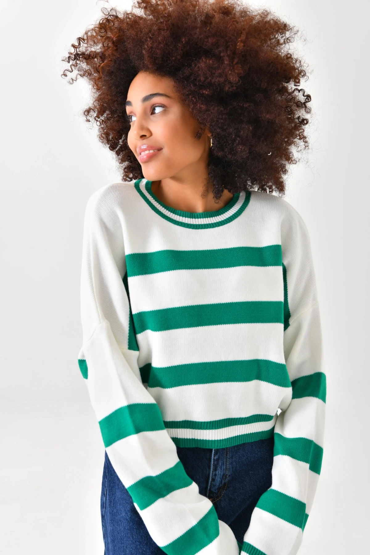 Kadın Bisiklet Yaka Çizgili Salaş Triko Kazak