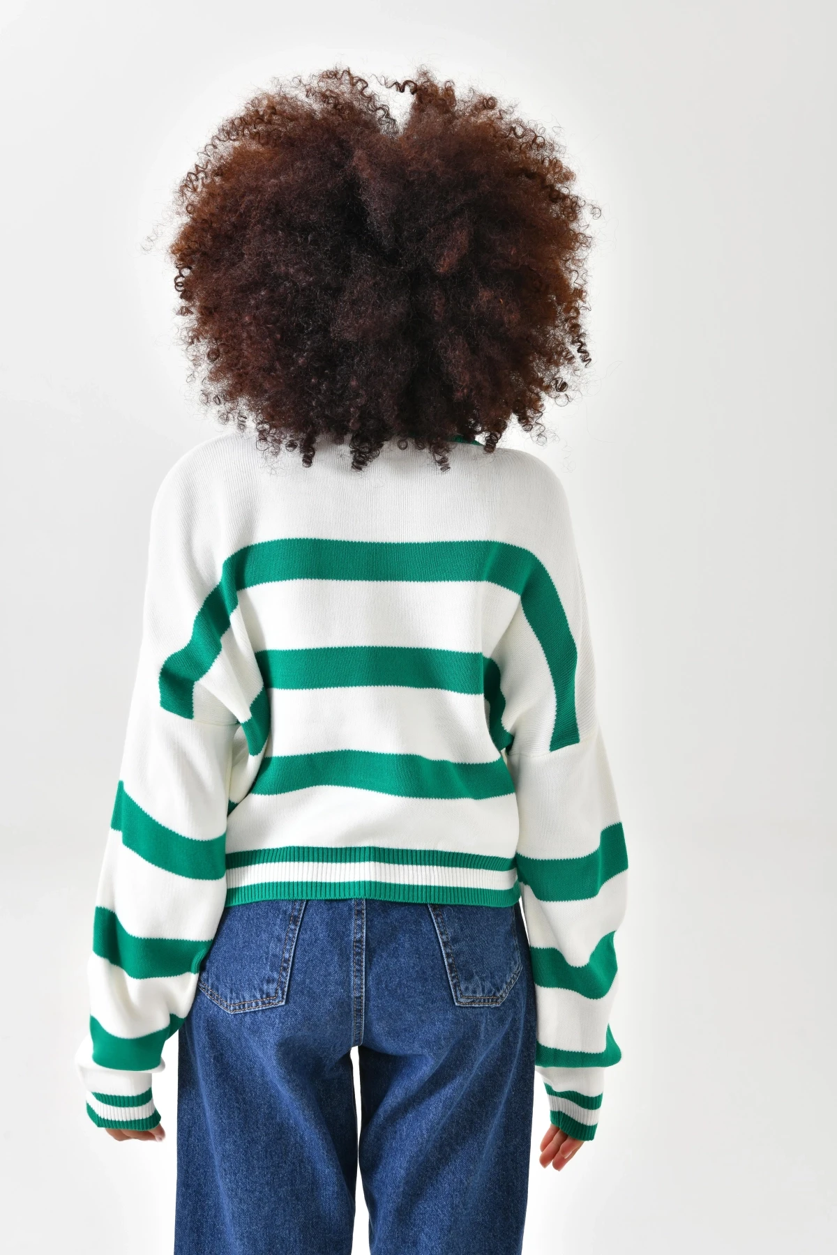 Kadın Bisiklet Yaka Çizgili Salaş Triko Kazak