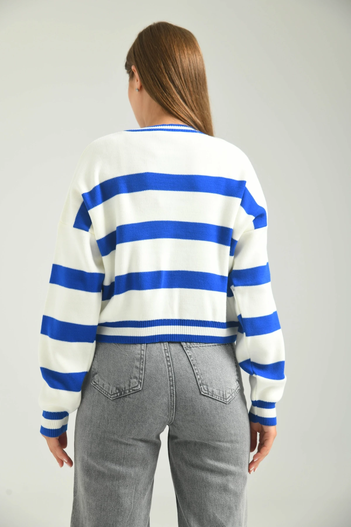 Kadın Bisiklet Yaka Çizgili Salaş Triko Kazak