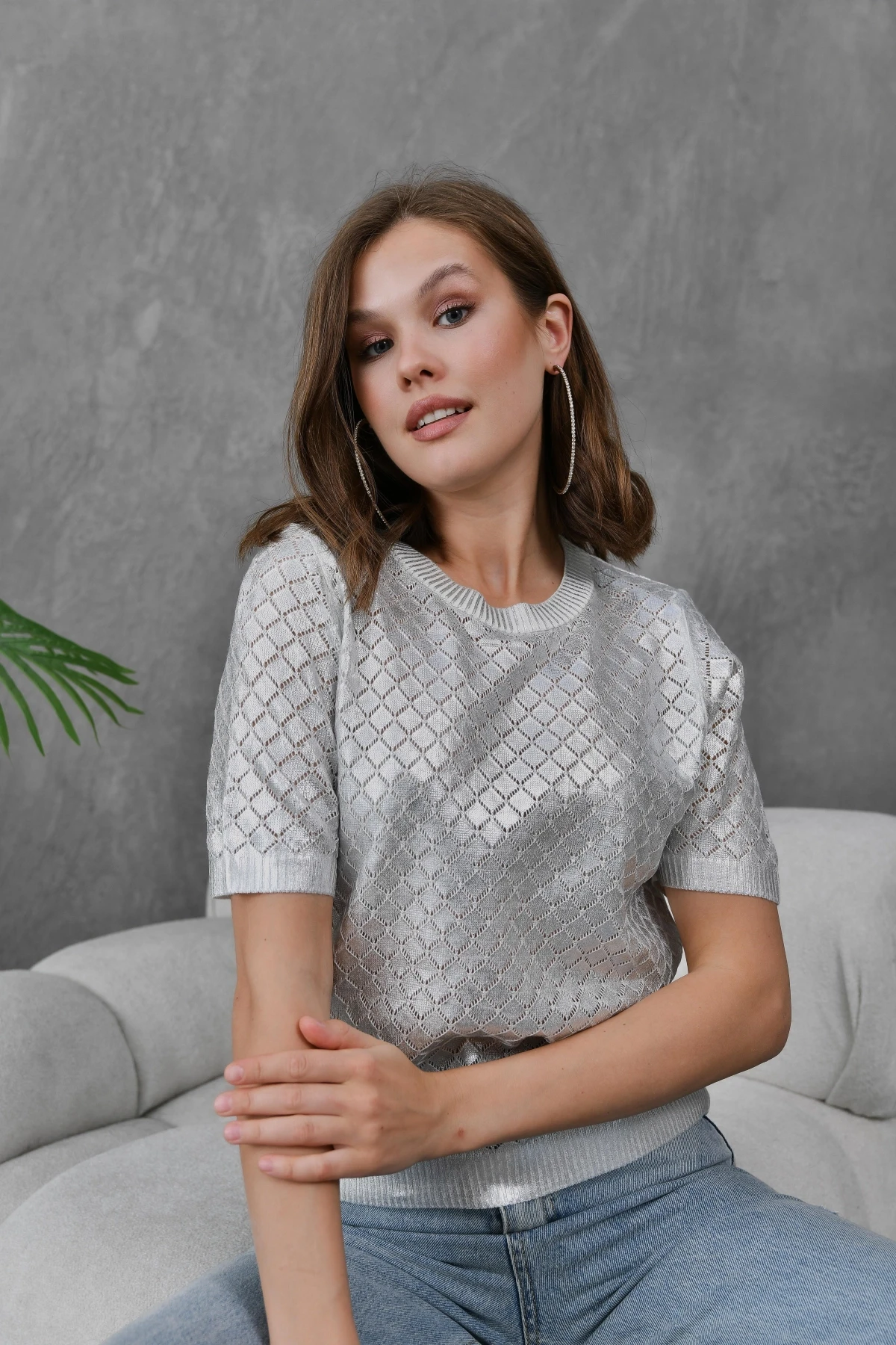 Kadın Bisiklet Yaka Dokulu Triko Kazak