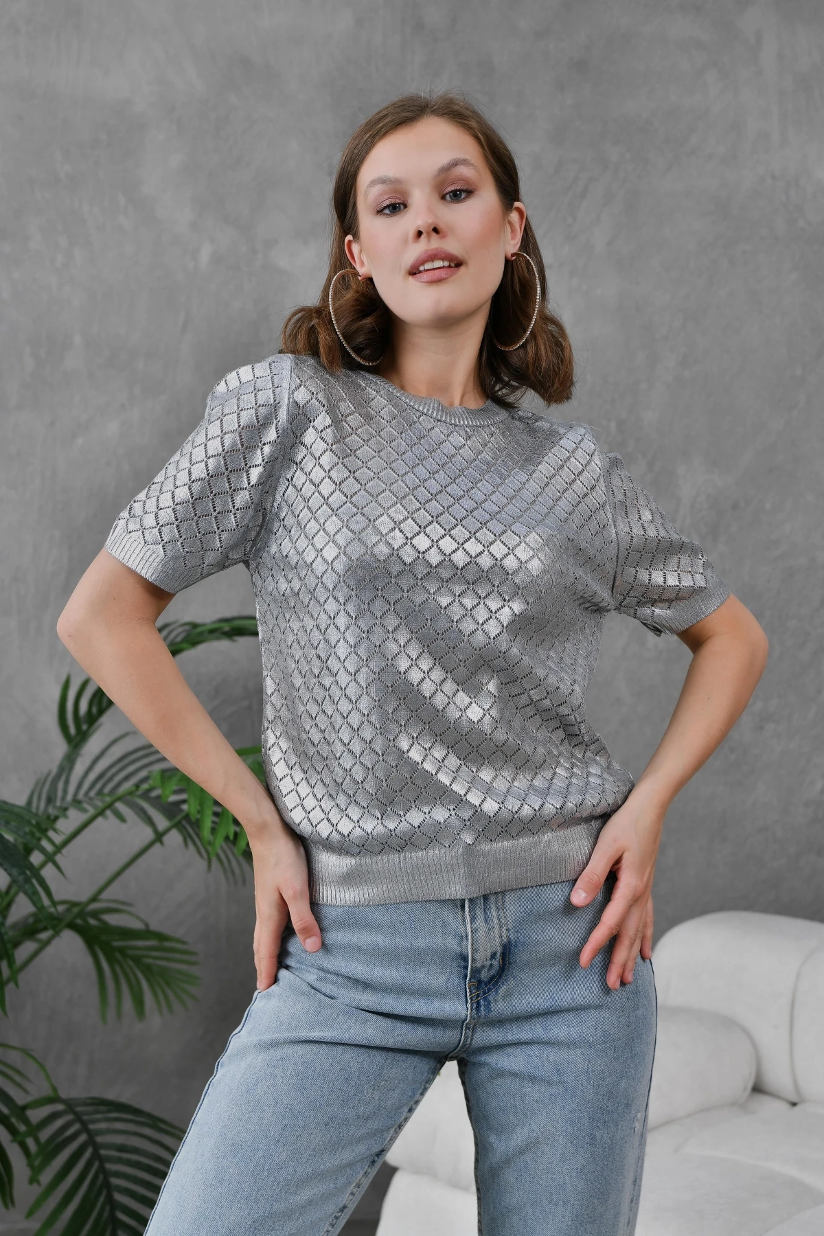 Kadın Bisiklet Yaka Dokulu Triko Kazak