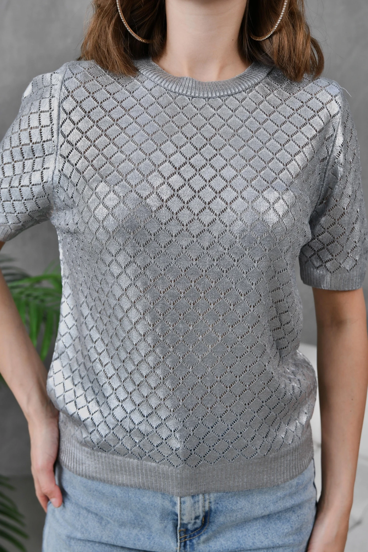 Kadın Bisiklet Yaka Dokulu Triko Kazak