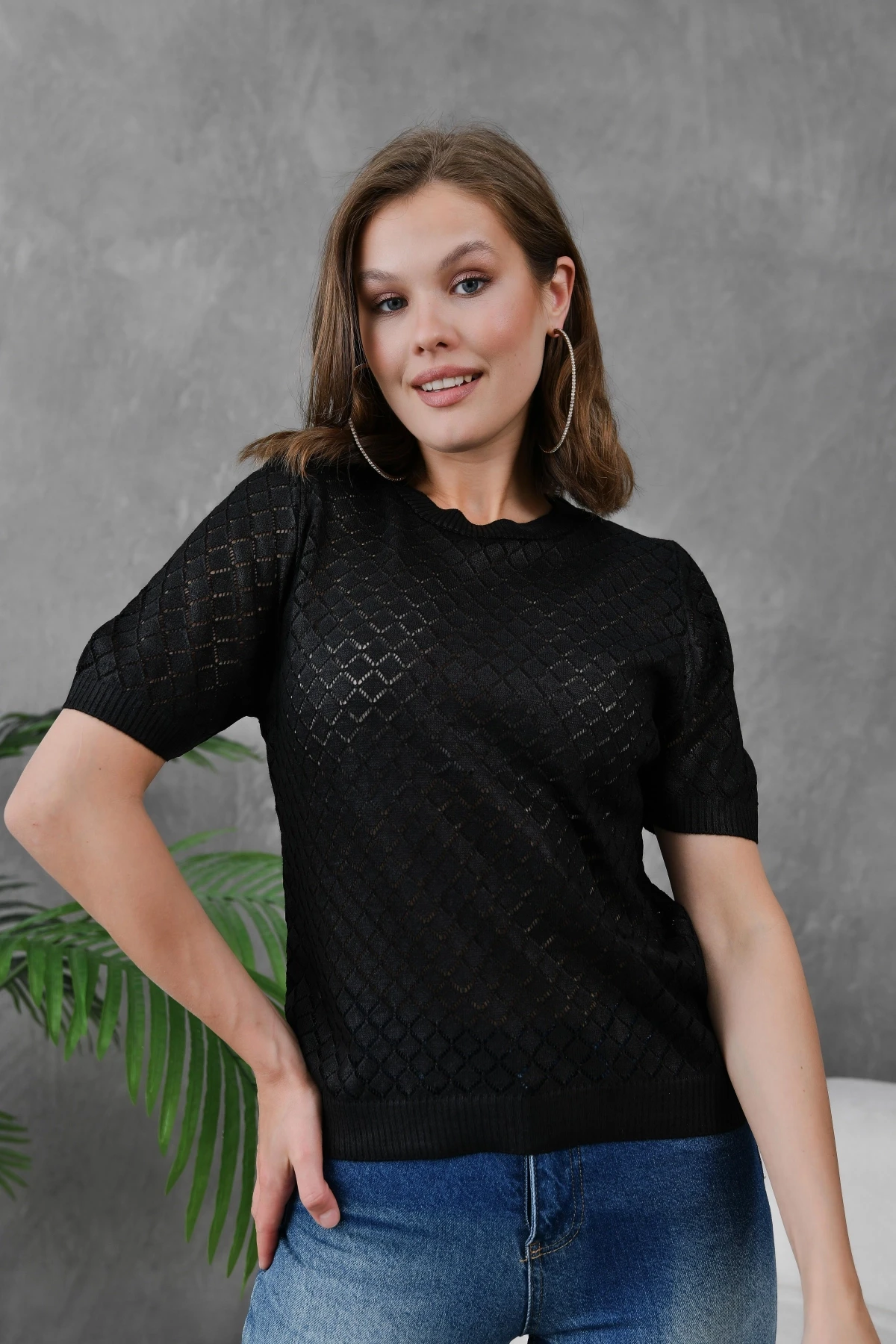 Kadın Bisiklet Yaka Dokulu Triko Kazak