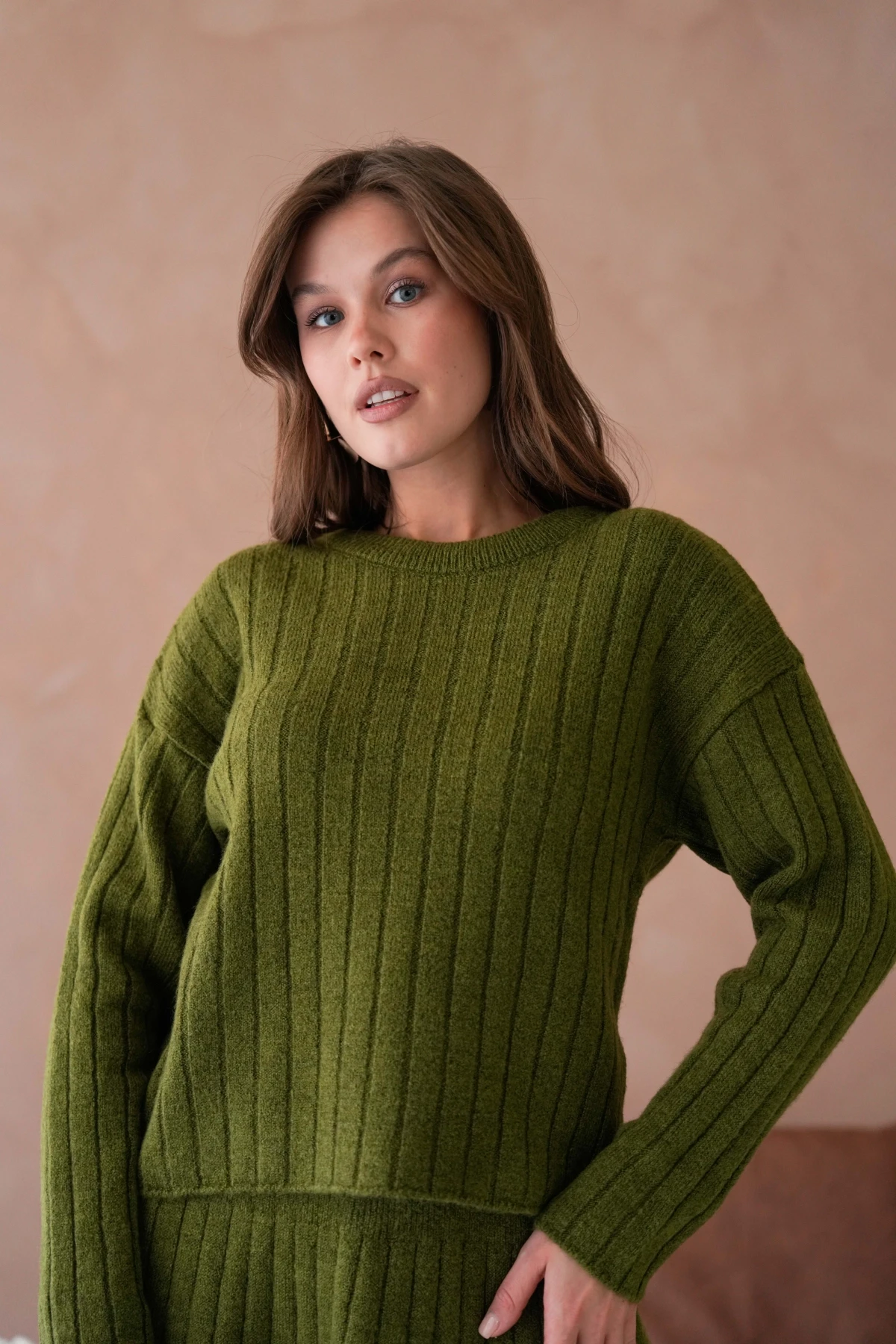 Kadın Bisiklet Yaka Etekli İkili Triko Takım