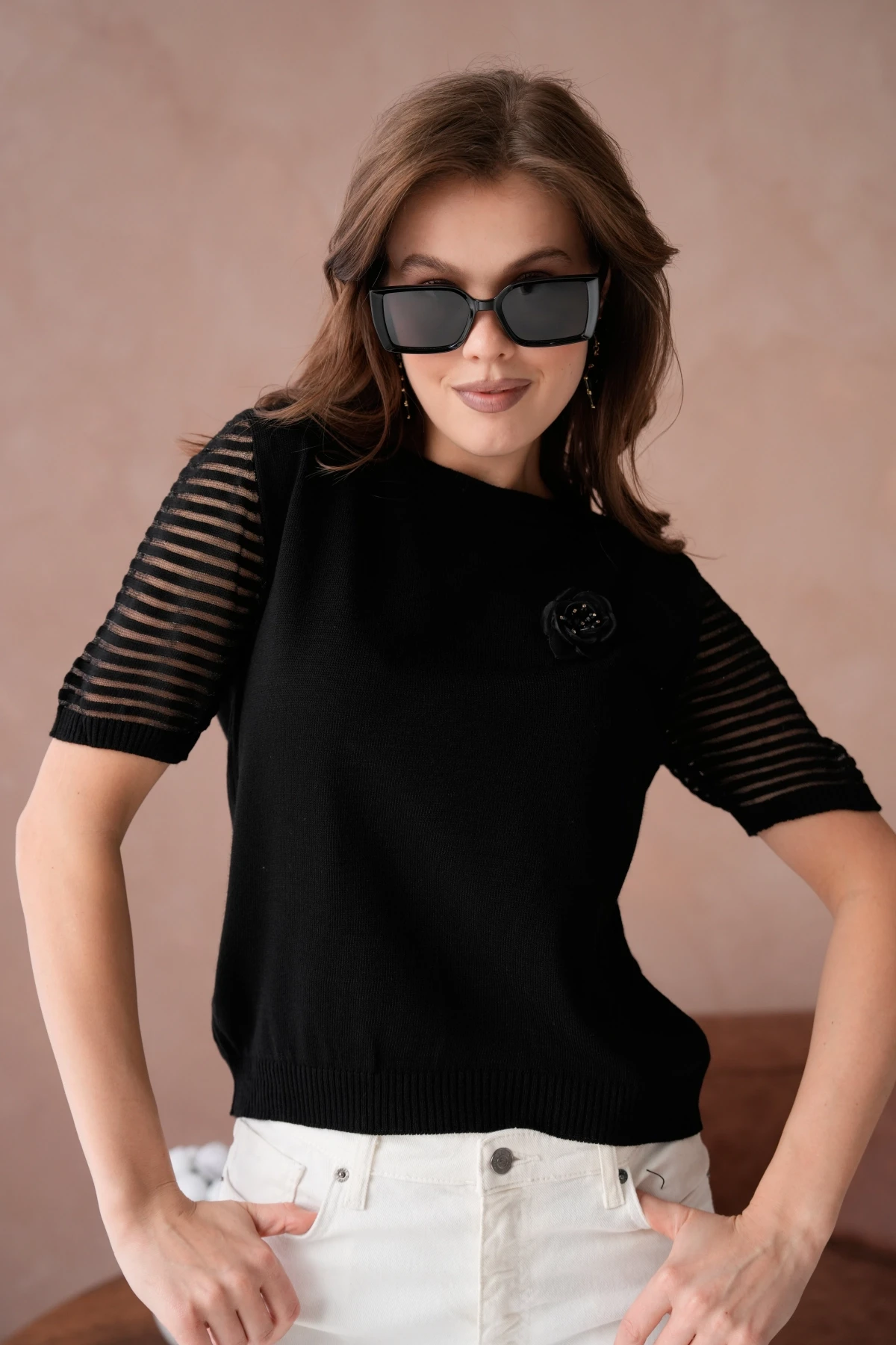 Kadın Bisiklet Yaka Gül Detay Kısa Kol Triko Kazak