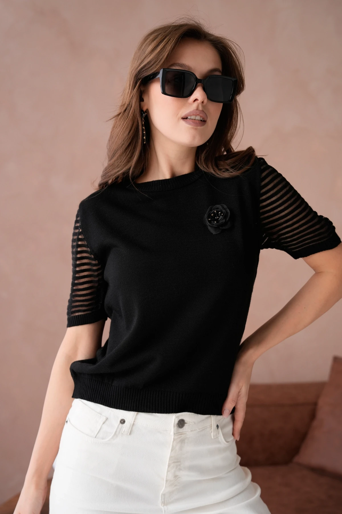 Kadın Bisiklet Yaka Gül Detay Kısa Kol Triko Kazak