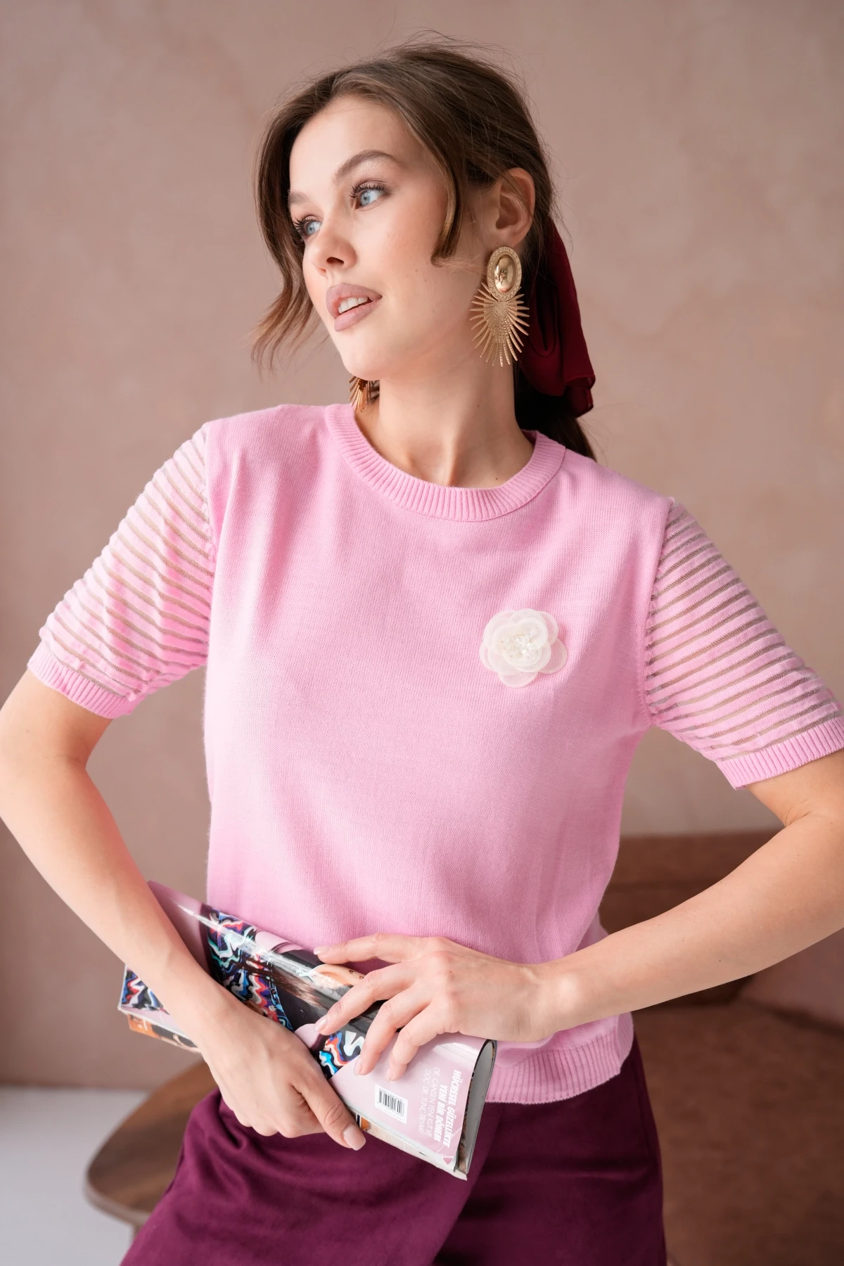 Kadın Bisiklet Yaka Gül Detay Kısa Kol Triko Kazak