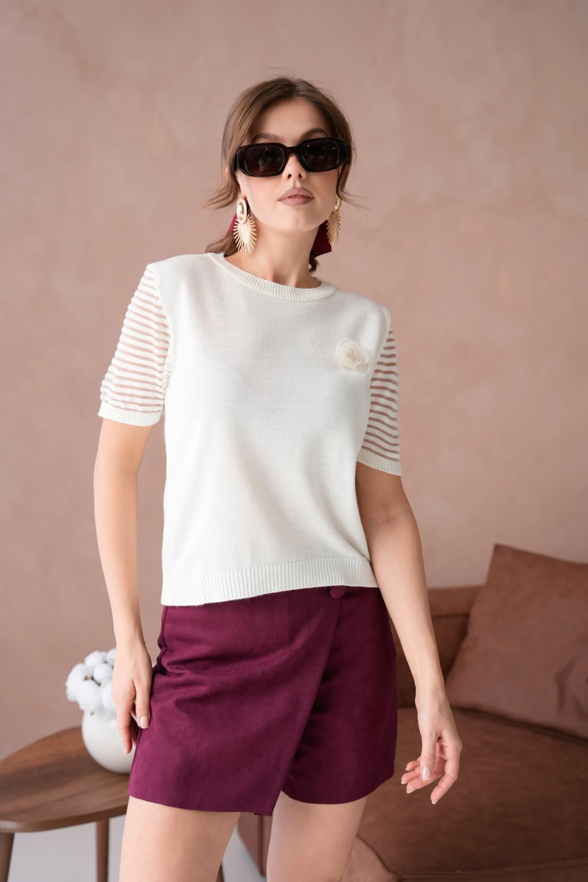 Kadın Bisiklet Yaka Gül Detay Kısa Kol Triko Kazak