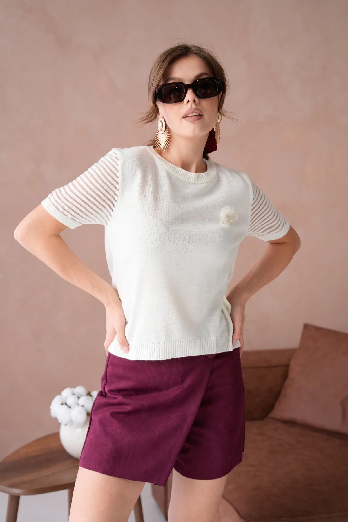 Kadın Bisiklet Yaka Gül Detay Kısa Kol Triko Kazak