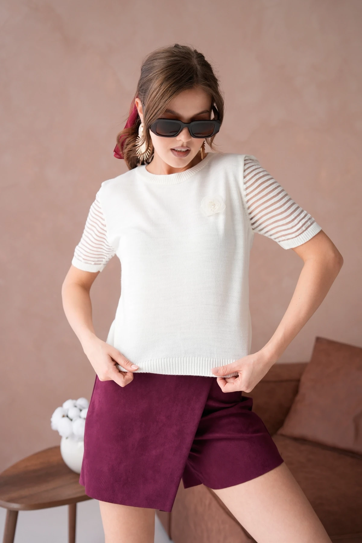 Kadın Bisiklet Yaka Gül Detay Kısa Kol Triko Kazak