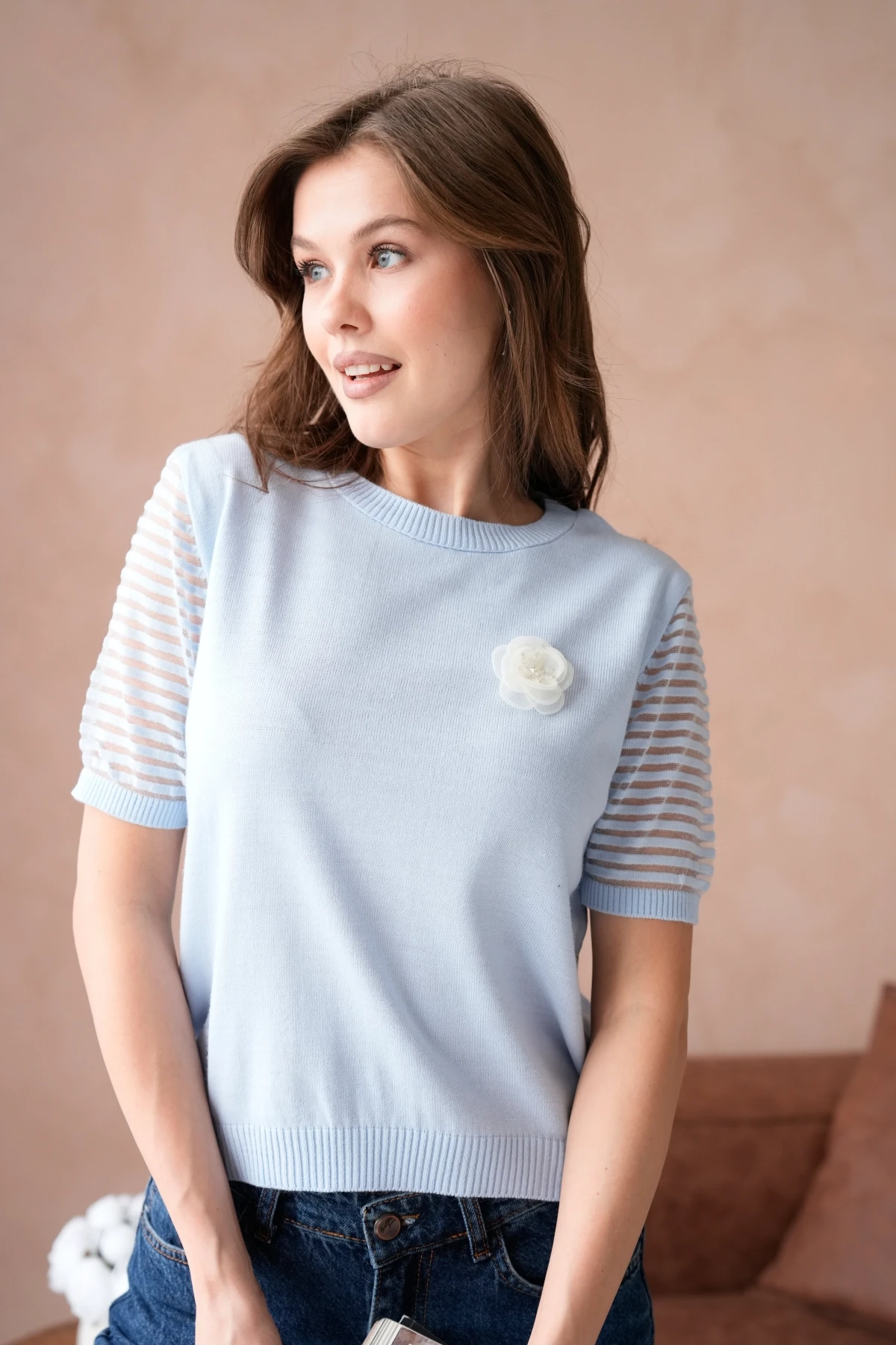 Kadın Bisiklet Yaka Gül Detay Kısa Kol Triko Kazak