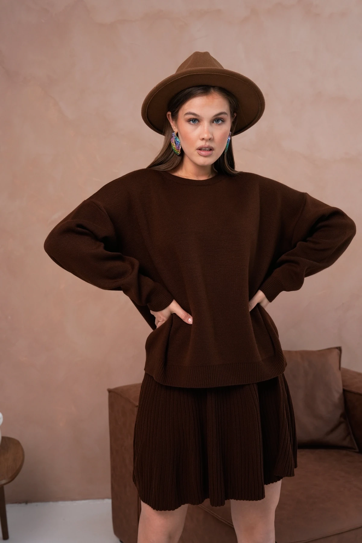 Kadın Bisiklet Yaka Kazak Etek İkili Takım